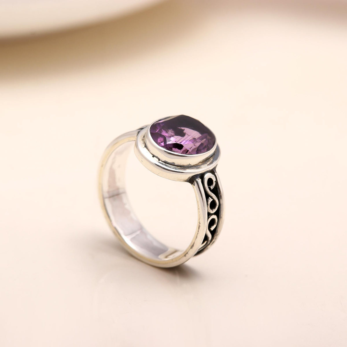 The Scroll Frame: Cushion Cut Amethyst Ring