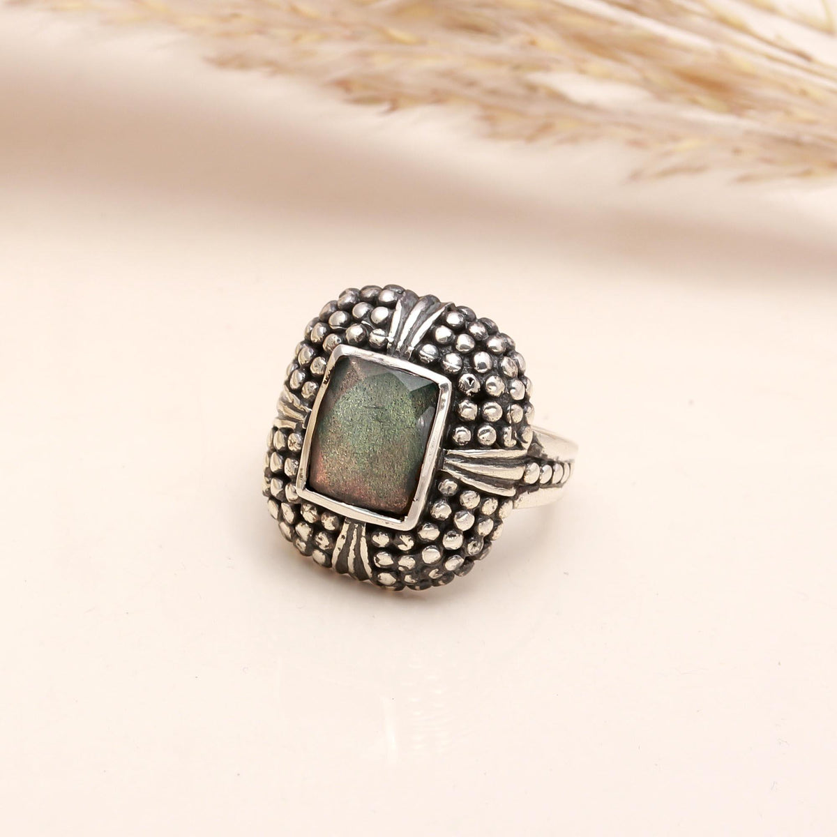 The Labradorite Shield: Vintage Granulation Statement Ring