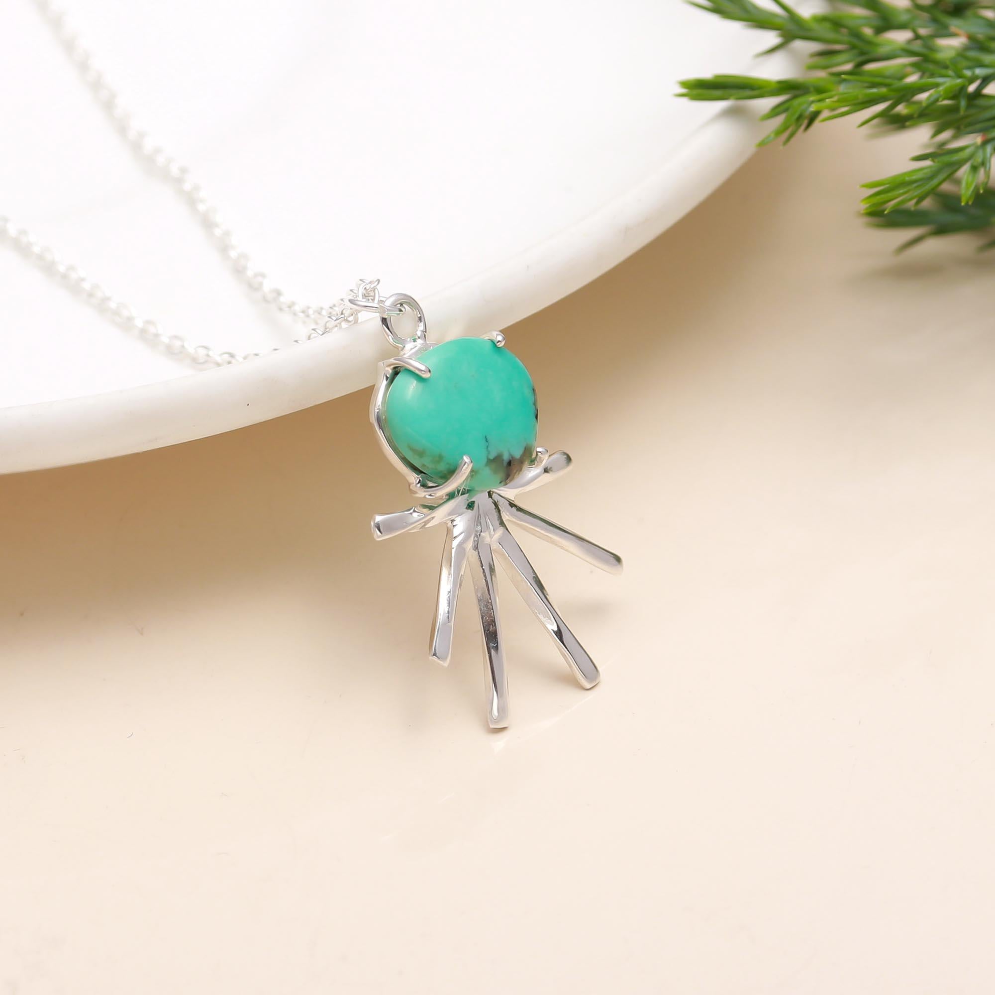 Turquoise Sunburst Pendant Sterling Silver Necklace