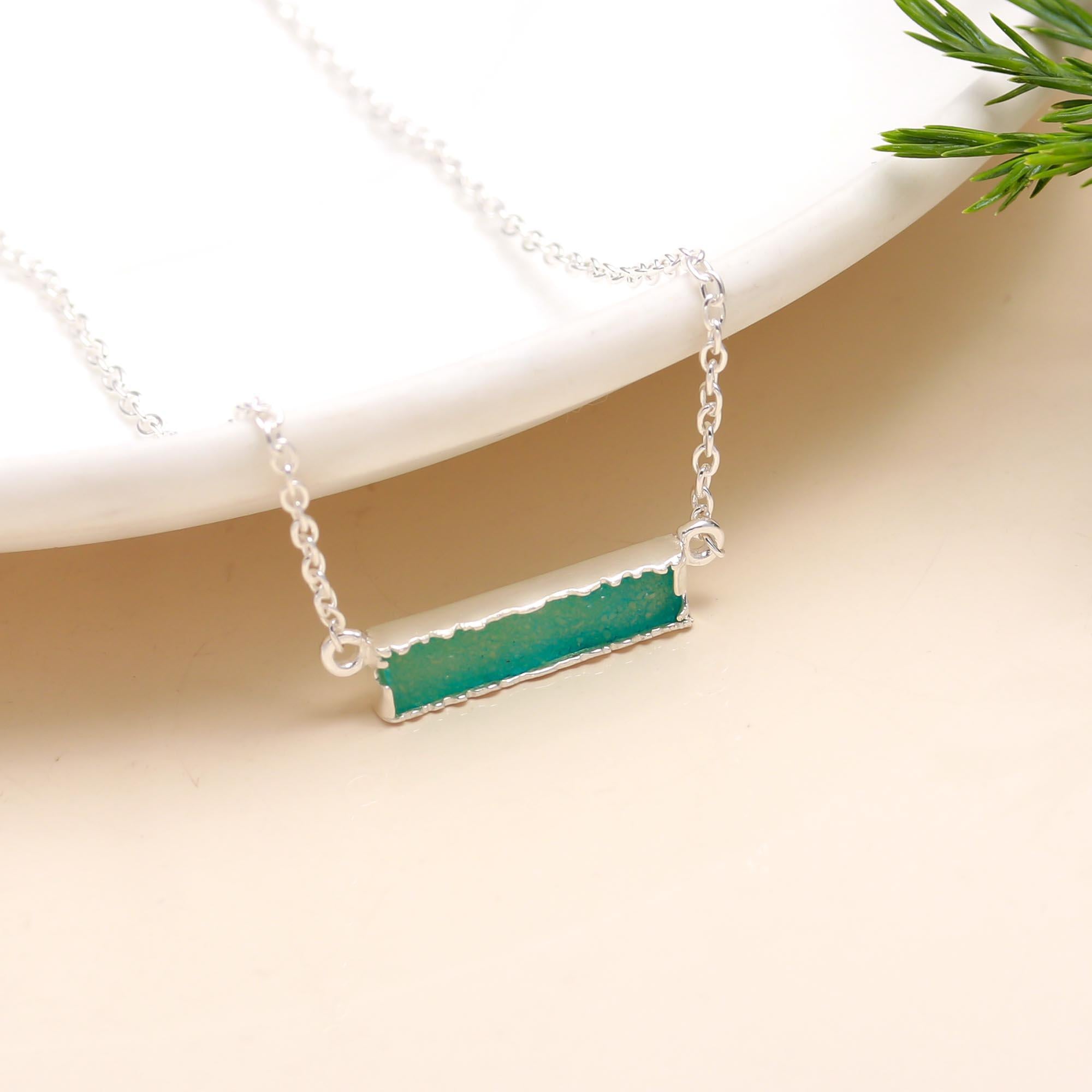 The Verdant Stardust: Green Druzy Bar Silver Necklace