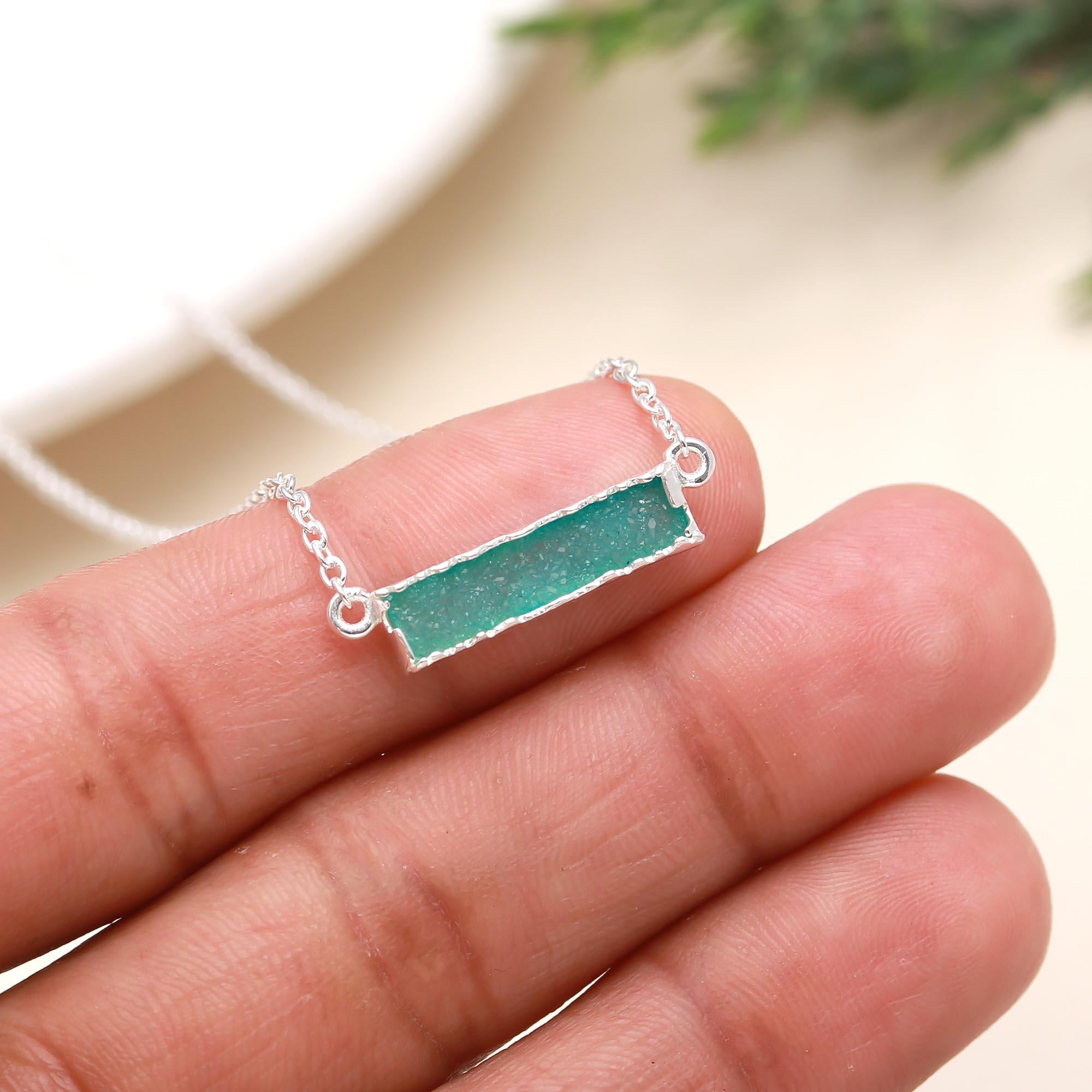 The Verdant Stardust: Green Drusy Bar Silver Necklace