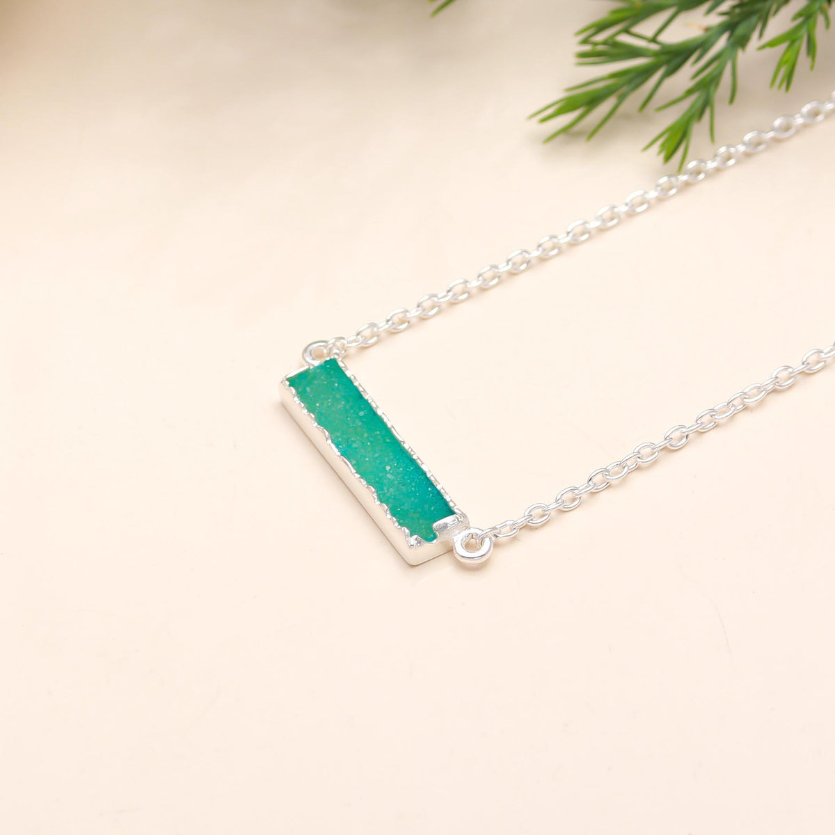The Verdant Stardust: Green Drusy Bar Silver Necklace
