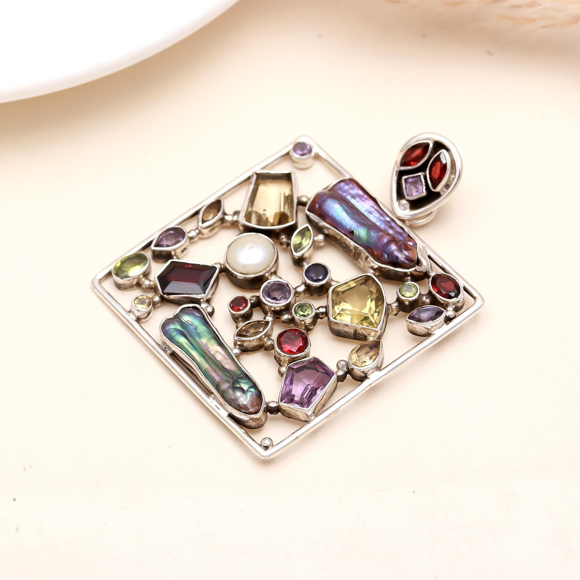 The Kaleidoscope Square: Multi-Gemstone Pendant