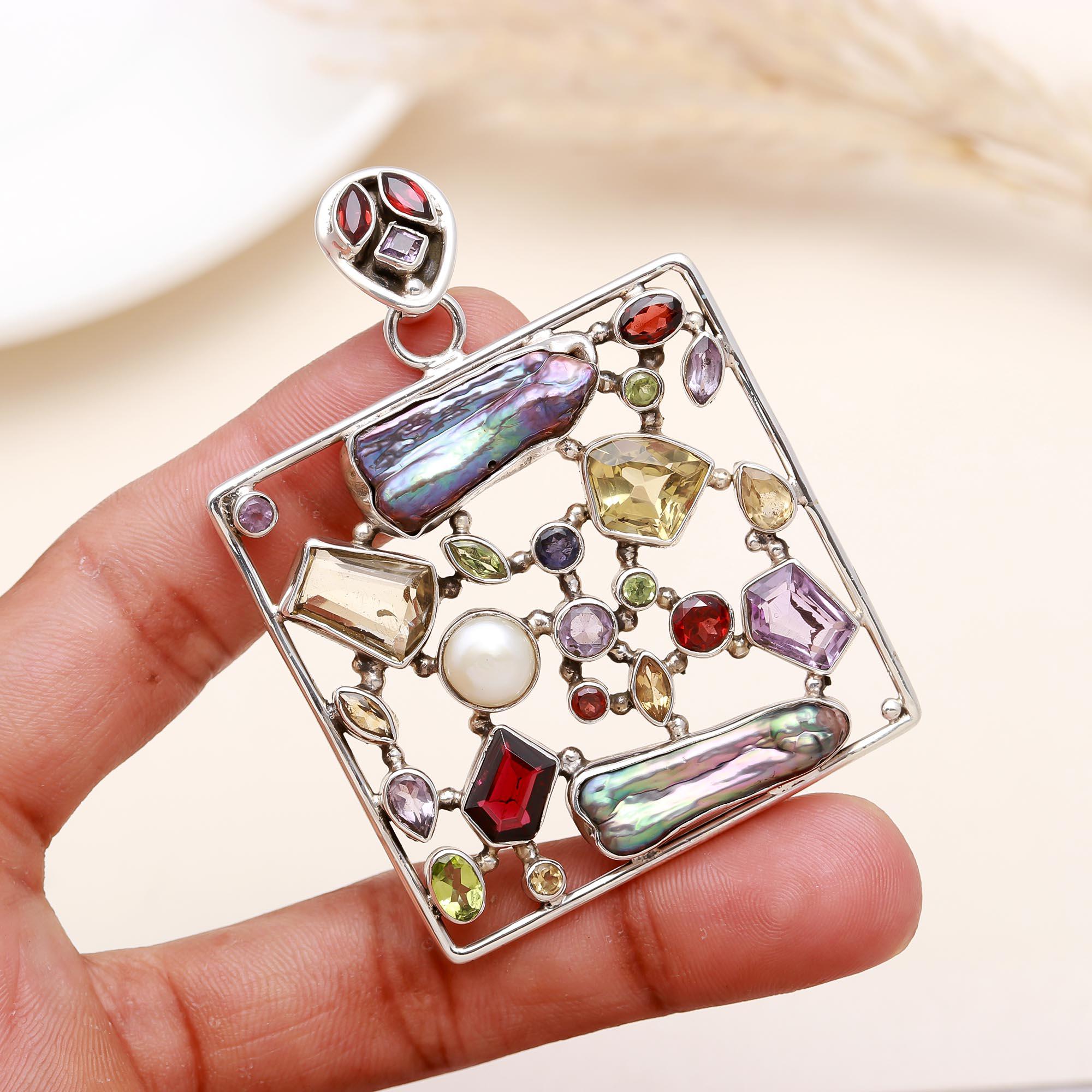 The Kaleidoscope Square: Multi-Gemstone Pendant