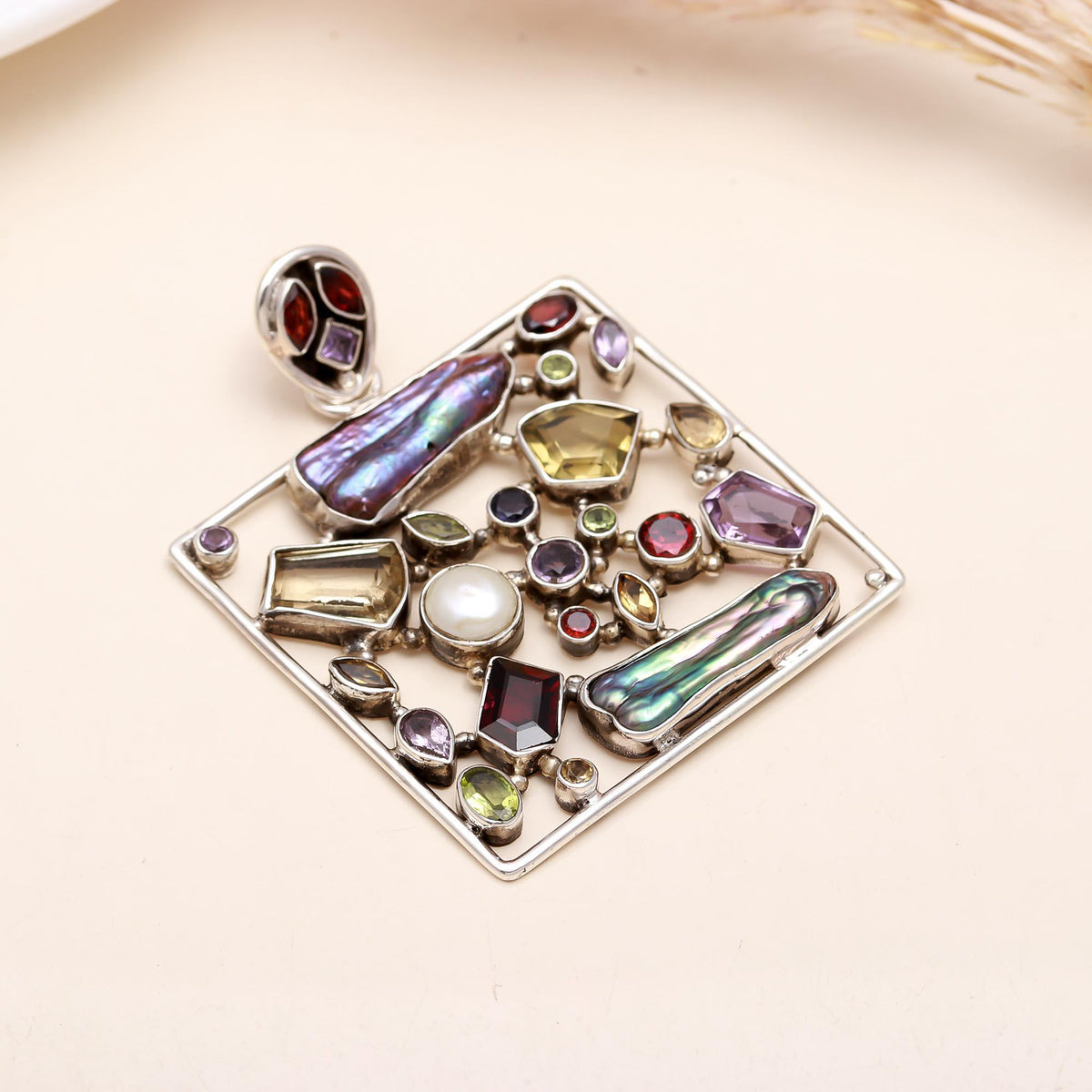 The Kaleidoscope Square: Multi-Gemstone Pendant