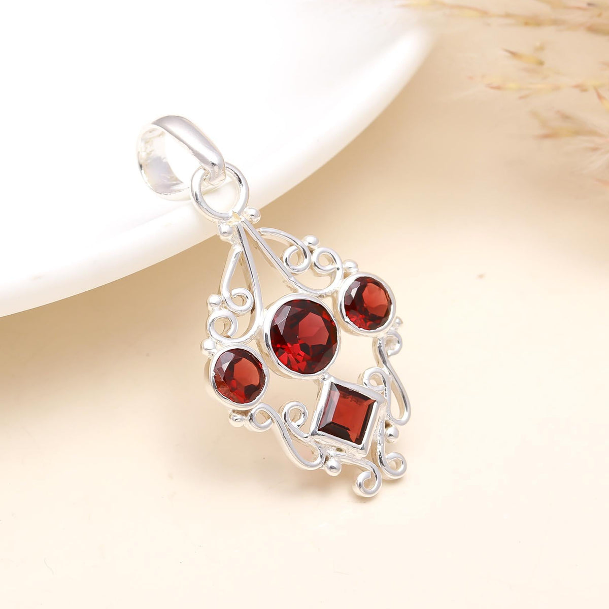 The Crimson Court: Multi-Cut Garnet Filigree Silver Pendant