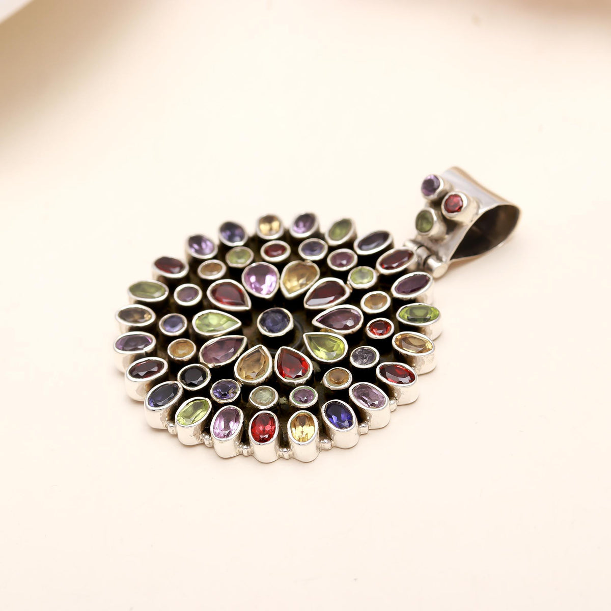 The Kaleidoscope Sunburst: Multi-Gemstone Silver Pendant