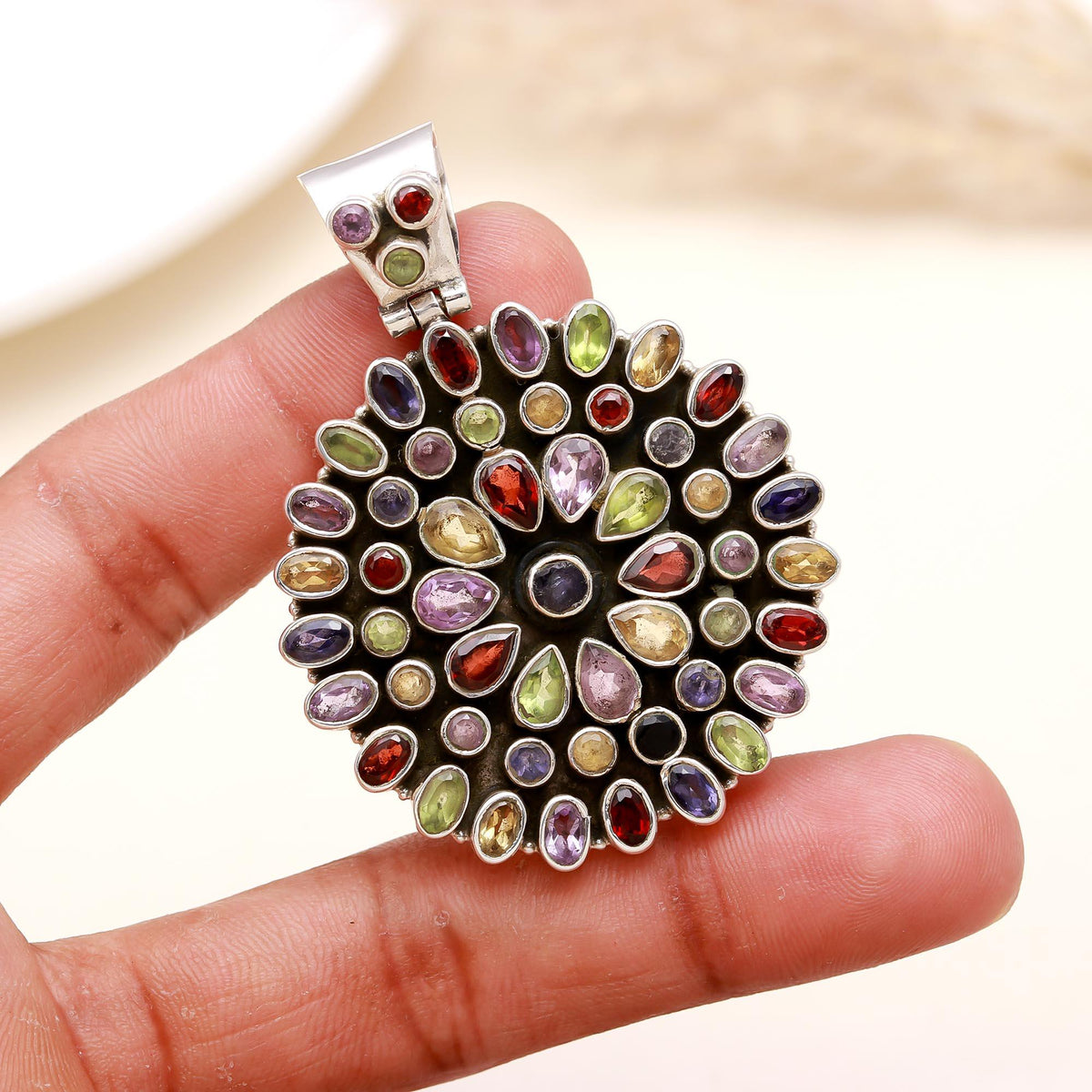 The Kaleidoscope Sunburst: Multi-Gemstone Silver Pendant