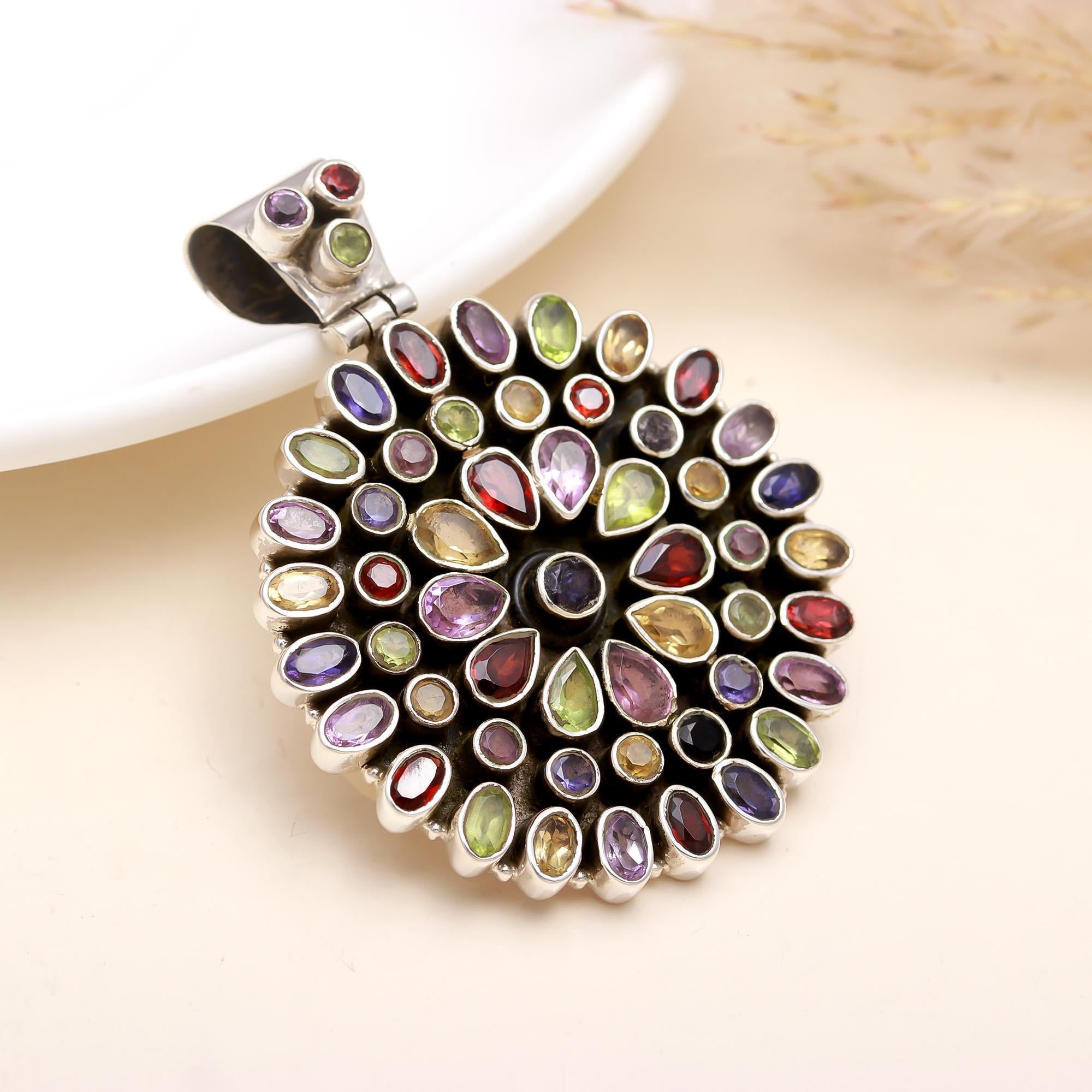 The Kaleidoscope Sunburst: Multi-Gemstone Silver Pendant