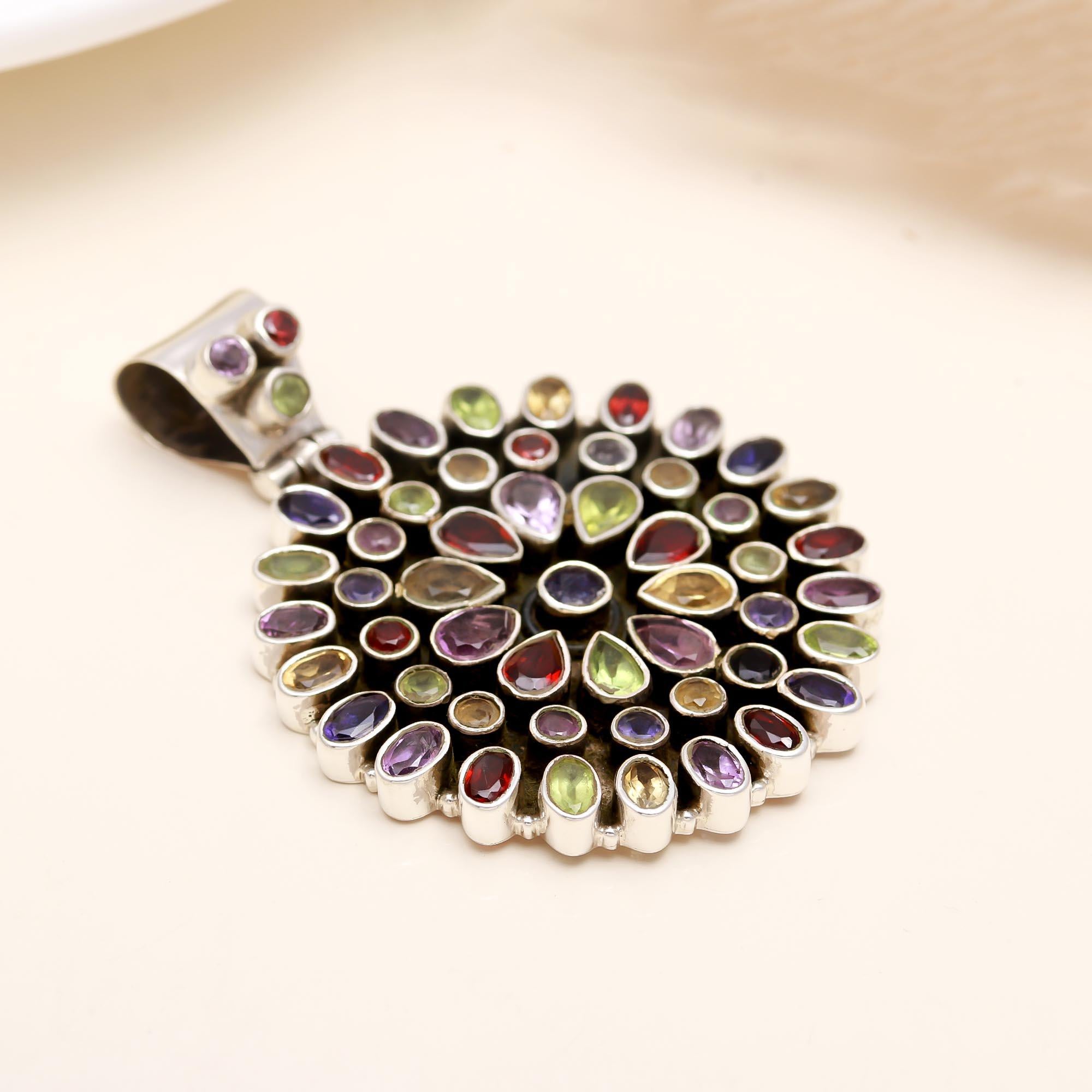 The Kaleidoscope Sunburst: Multi-Gemstone Silver Pendant