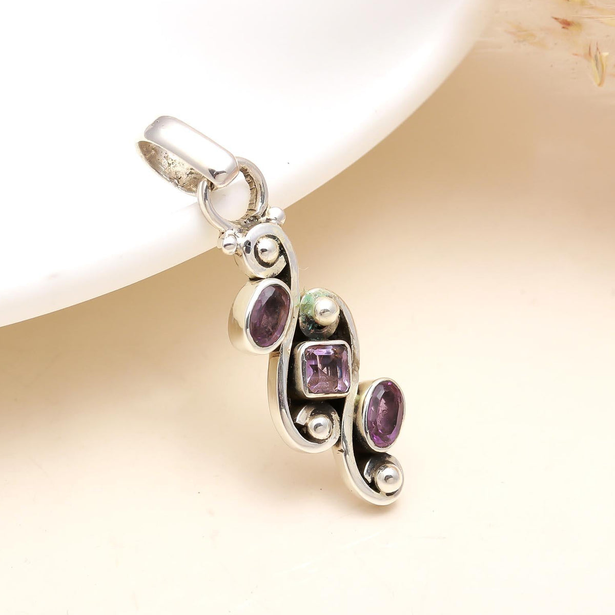 The Lavender Trio: Amethyst Granule Scroll Silver Pendant