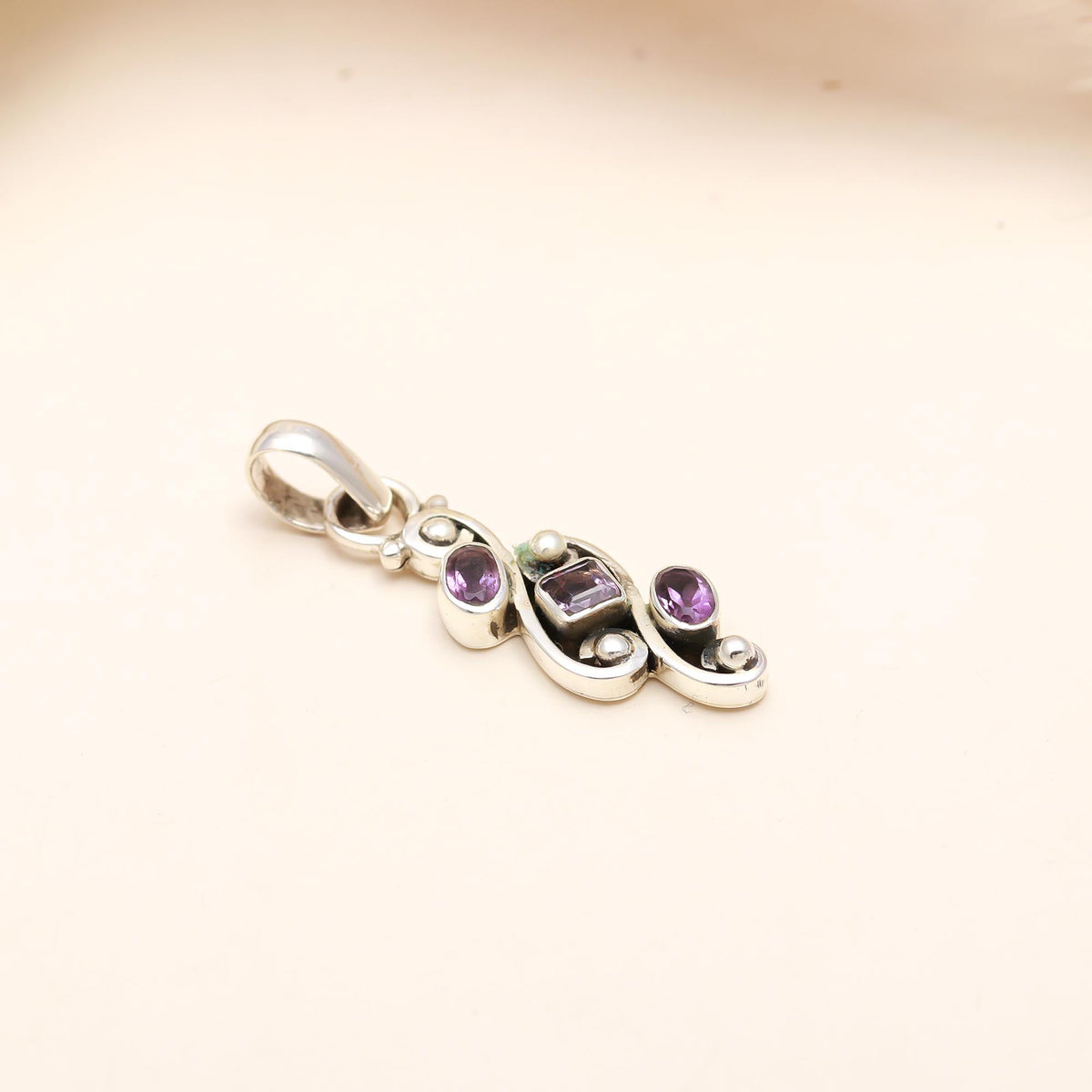 The Lavender Trio: Amethyst Granule Scroll Silver Pendant