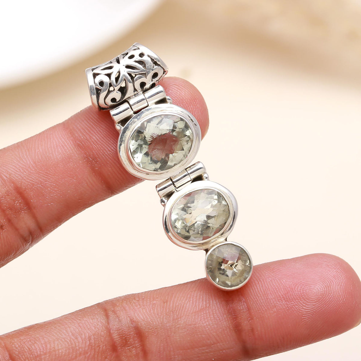 The Prasiolite Cascade: Green Amethyst Slider Bar Silver Pendant