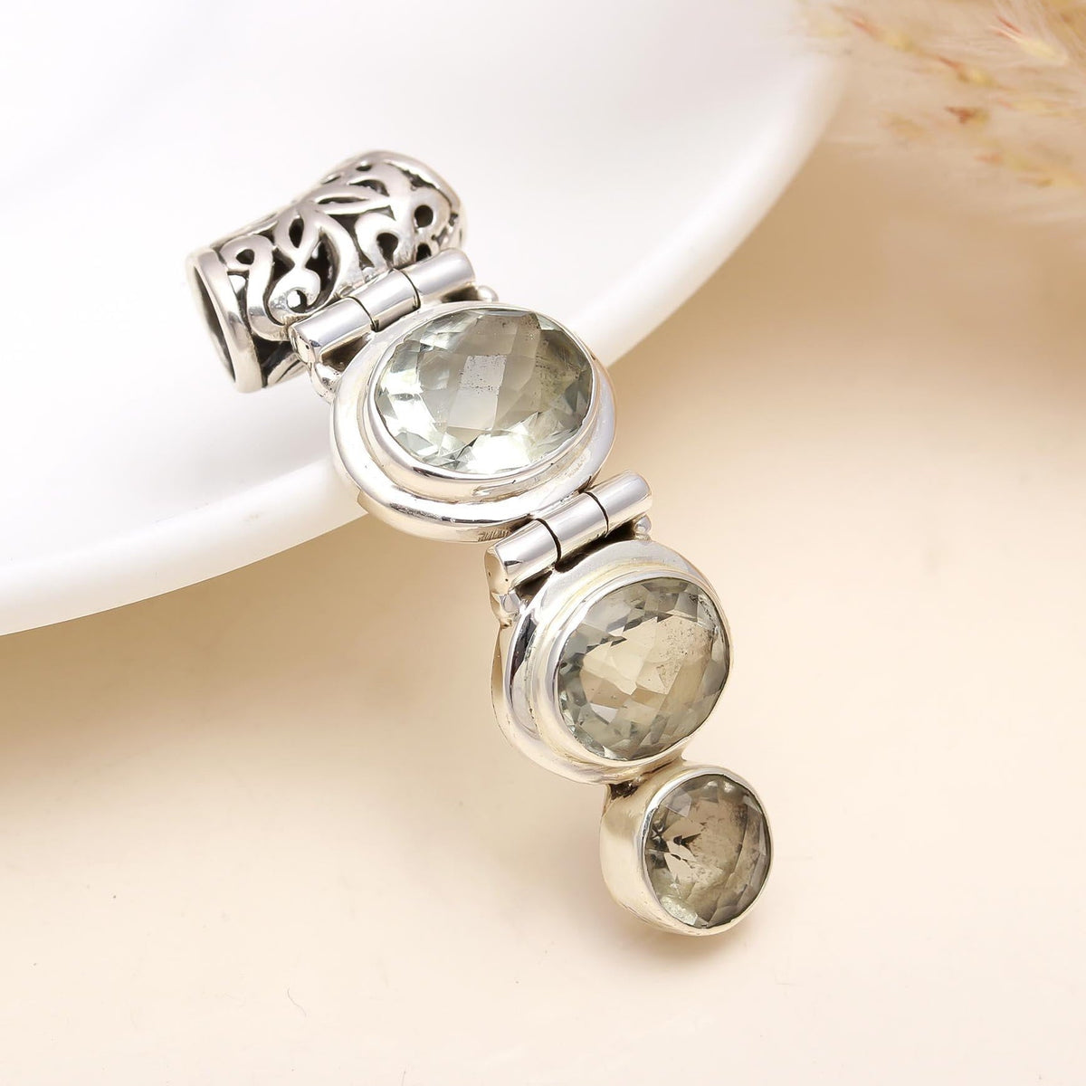 The Prasiolite Cascade: Green Amethyst Slider Bar Silver Pendant