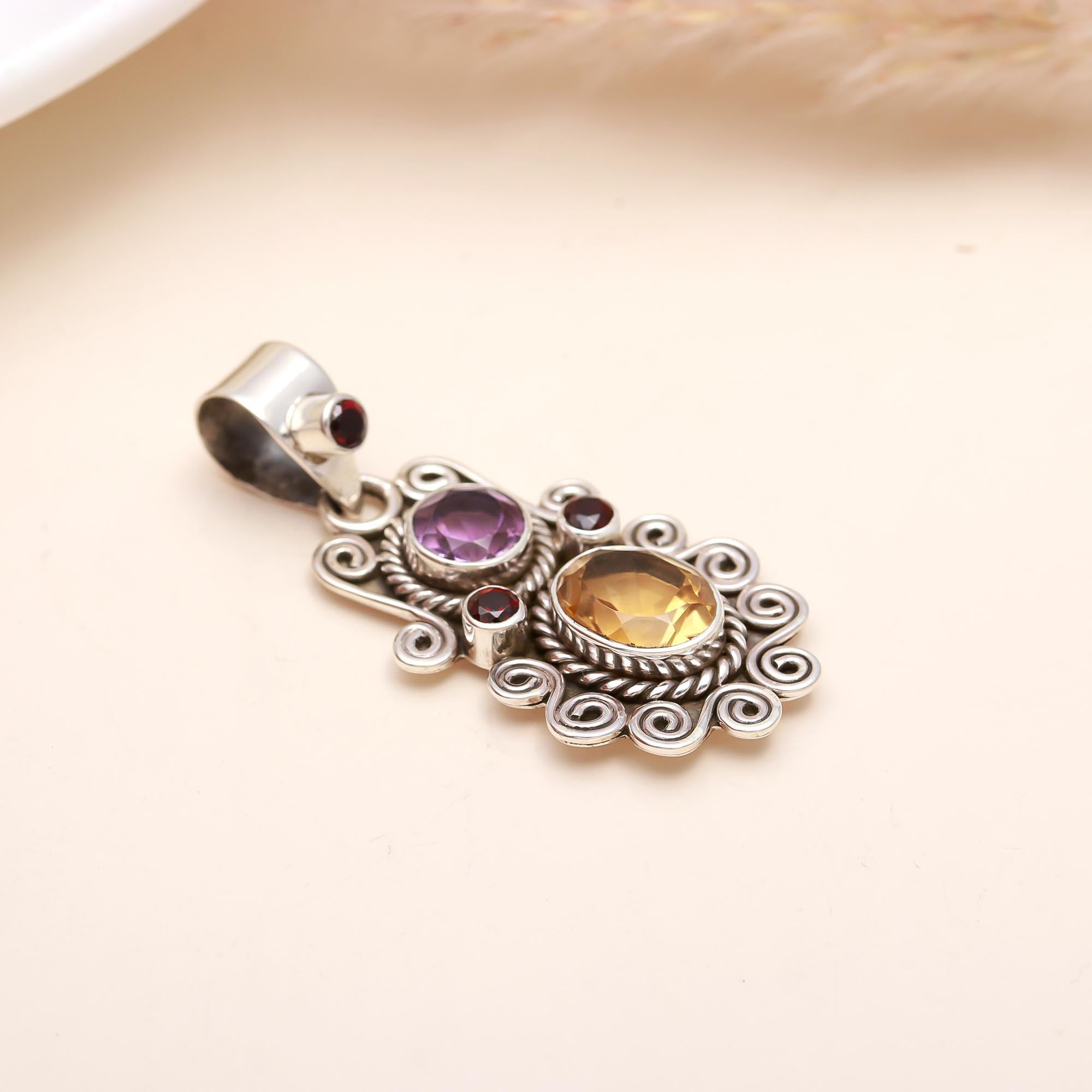 The Gemstone Harmony: Amethyst, Citrine & Garnet Pendant