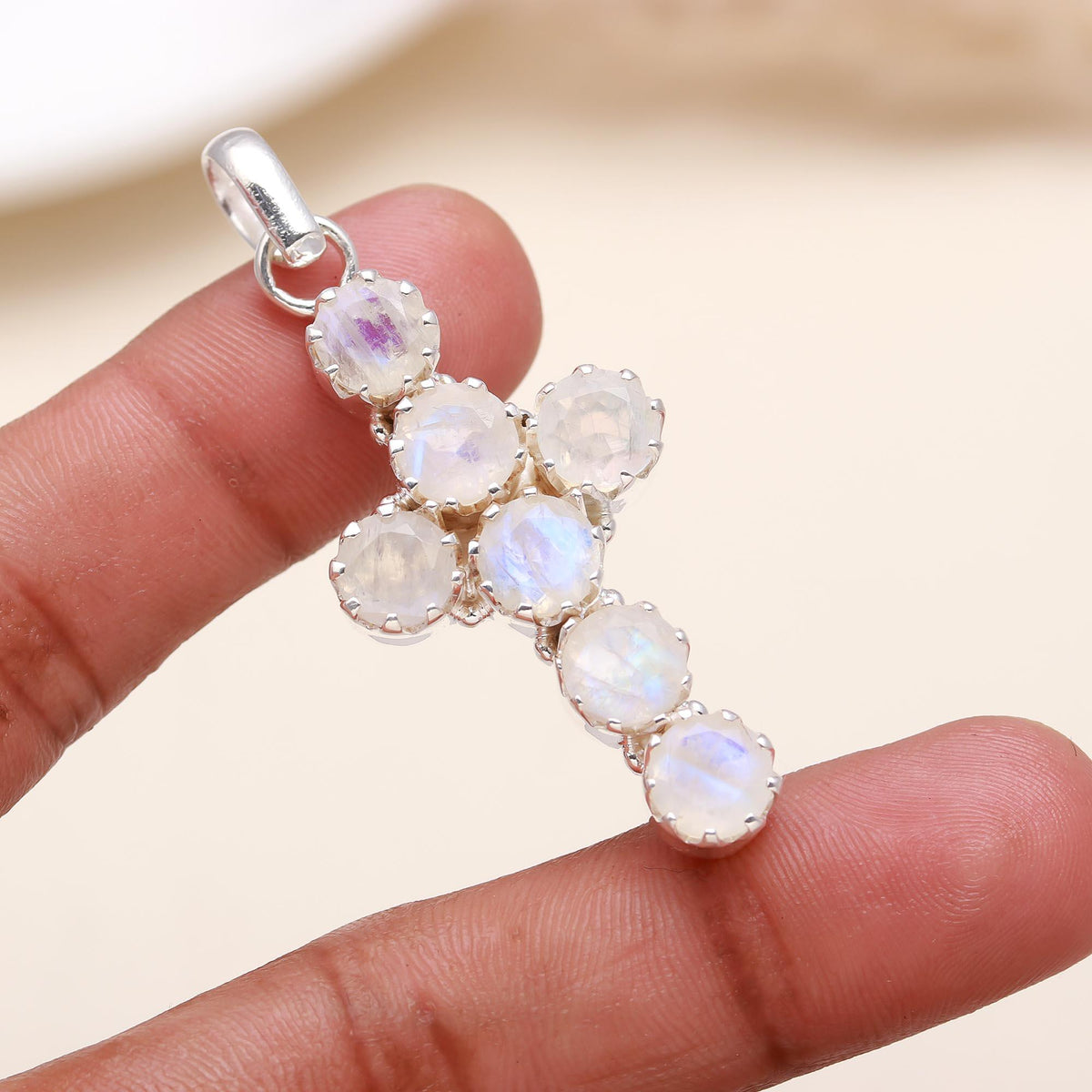 The Lunar Cross: Multi Rainbow Moonstone Cross Pendant