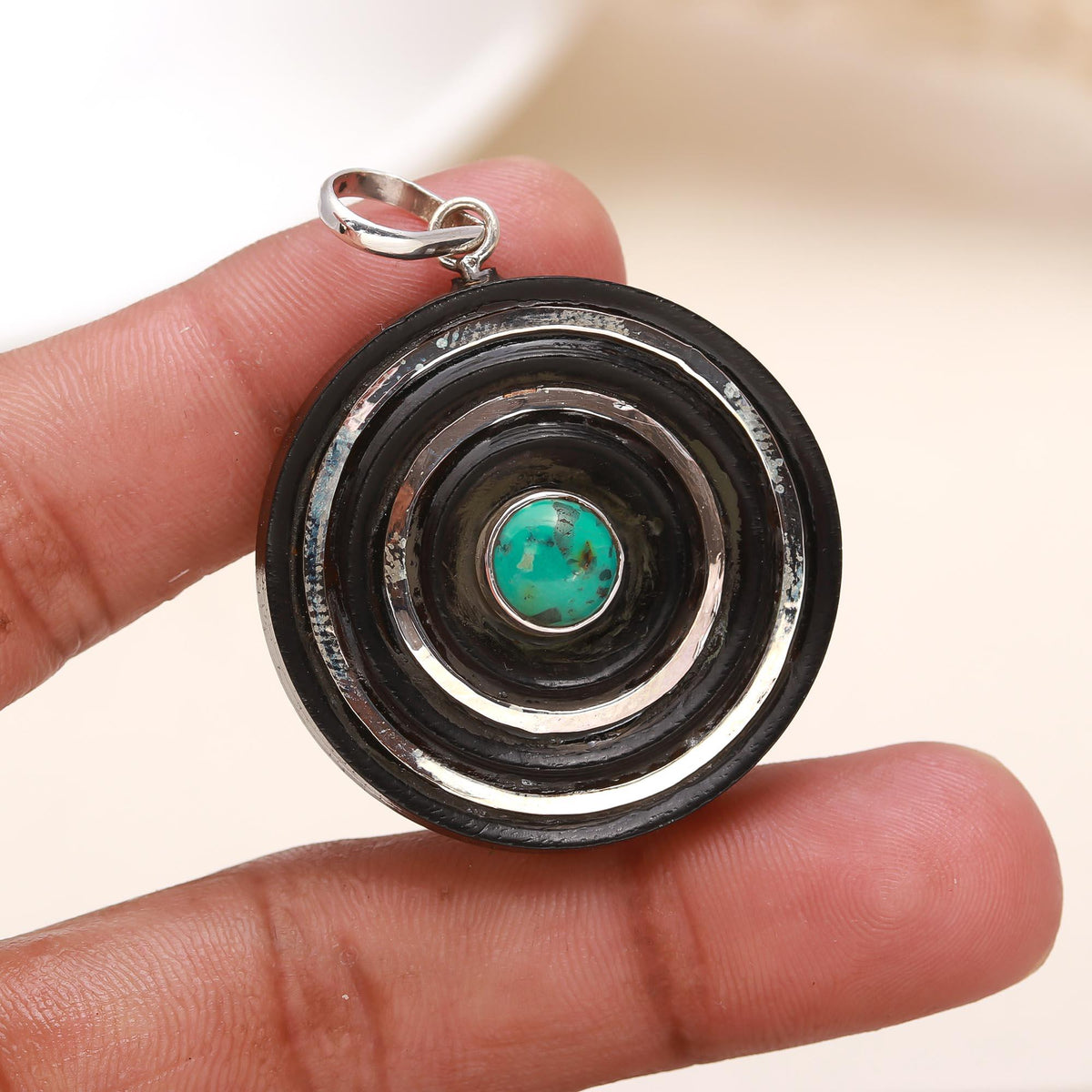 The Vortex: Turquoise Concentric Circle Wooden Silver Pendant