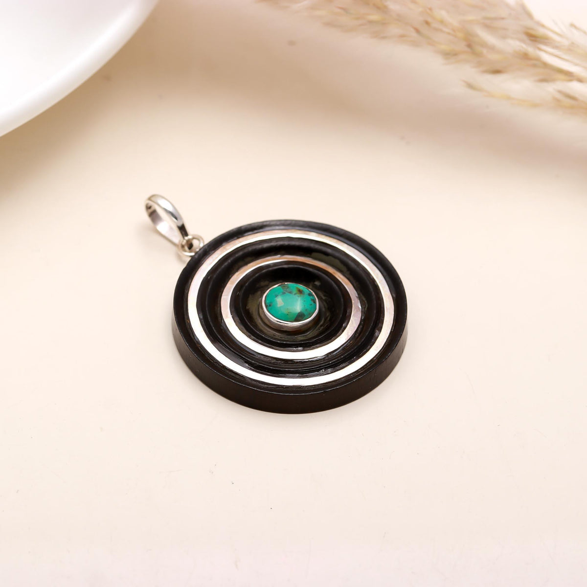 The Vortex: Turquoise Concentric Circle Wooden Silver Pendant