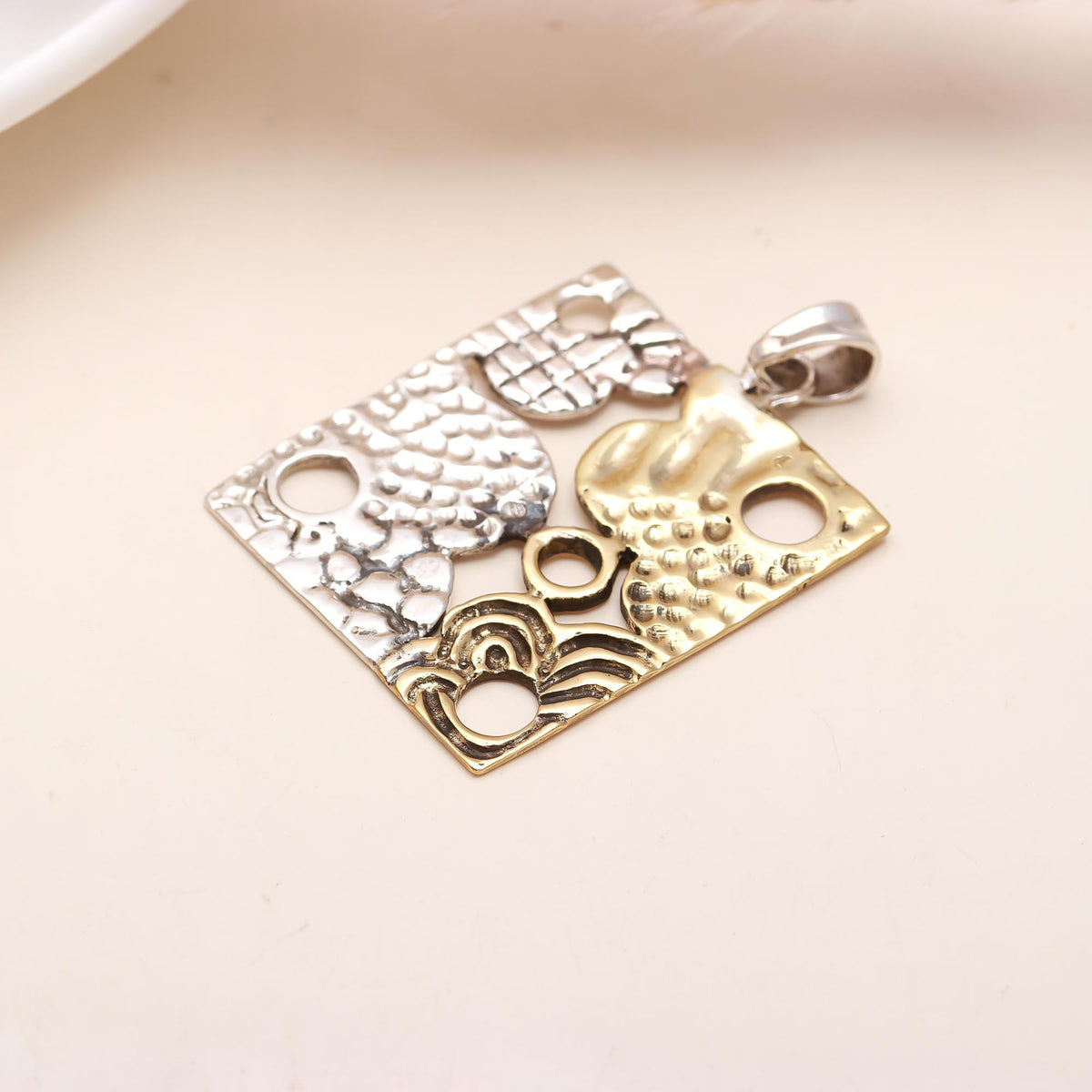 The Abstract Tile: Two-Tone Mixed Texture Square Statement Silver & Gold Pendant