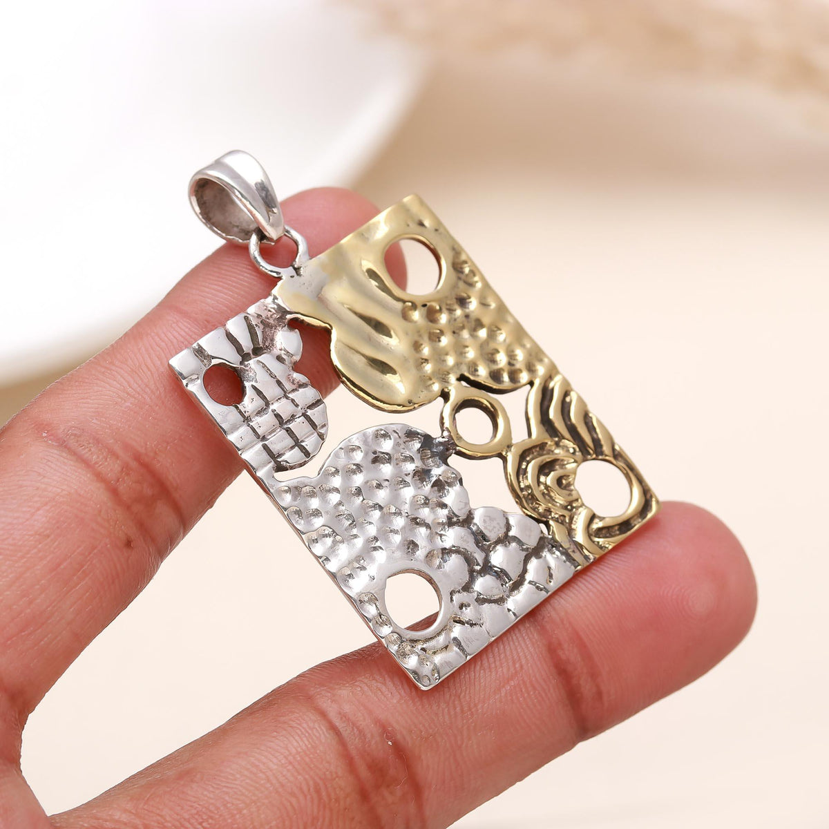 The Abstract Tile: Two-Tone Mixed Texture Square Statement Silver & Gold Pendant