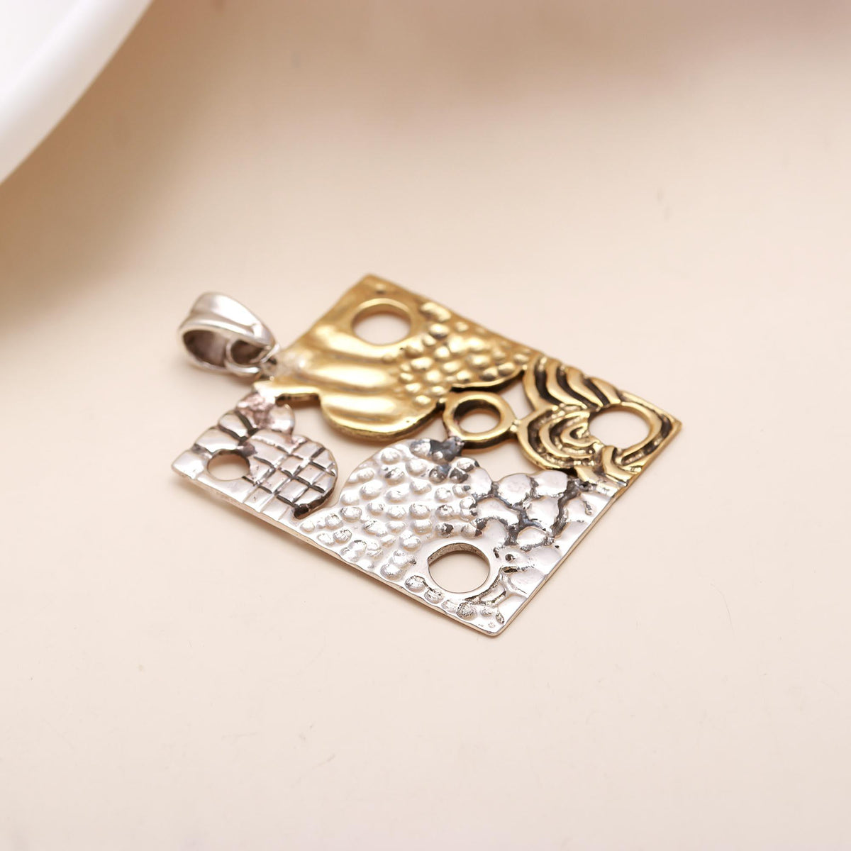 The Abstract Tile: Two-Tone Mixed Texture Square Statement Silver & Gold Pendant