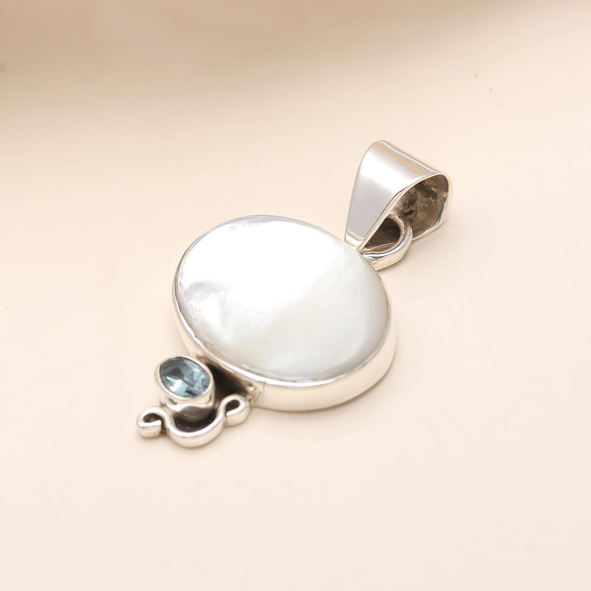 The Coastal Classic: Sterling Silver Pearl & Blue Topaz Pendant
