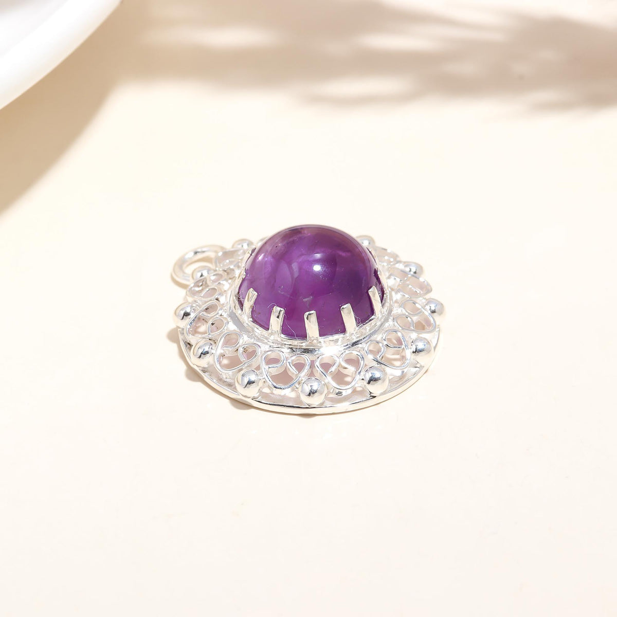 The Violet Medallion: Amethyst Filigree Halo Silver Pendant