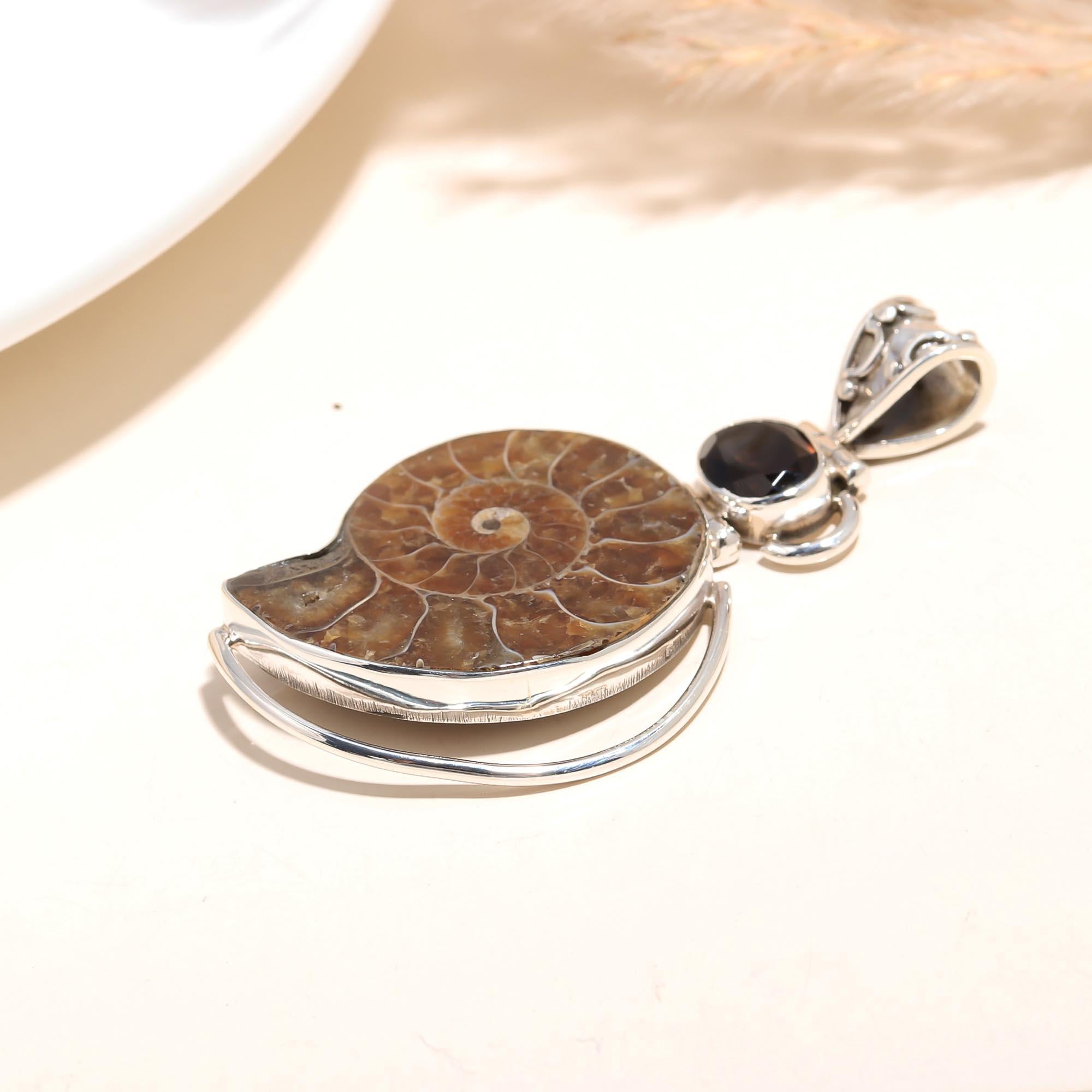 The Primordial Spiral: Sterling Silver Ammonite & Garnet Pendant