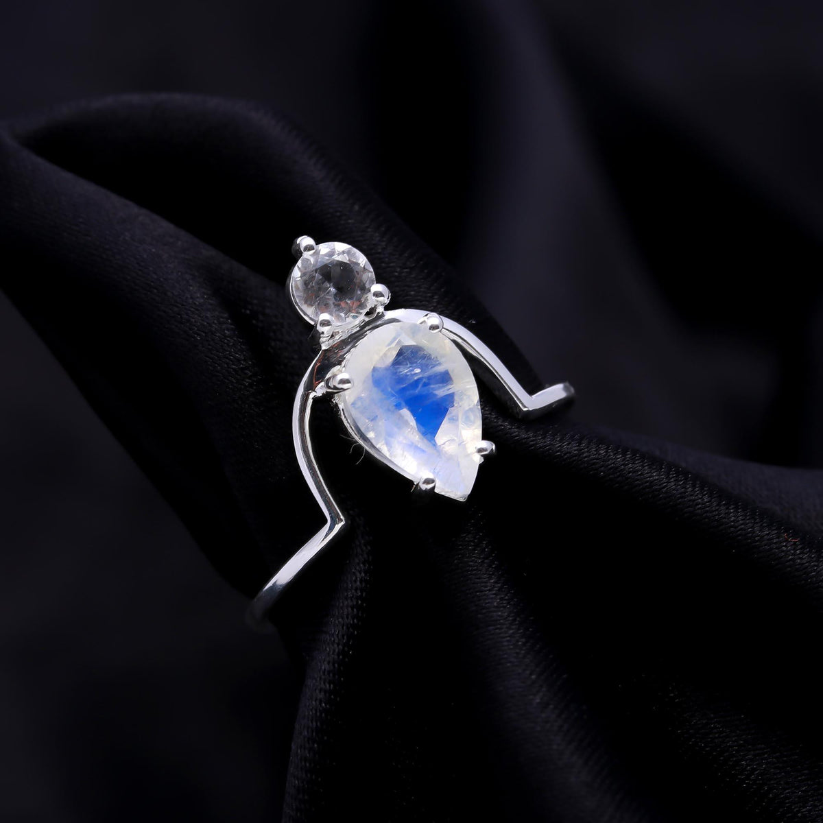 The Floating Drop Ring: Pear Moonstone & Topaz Open Ring