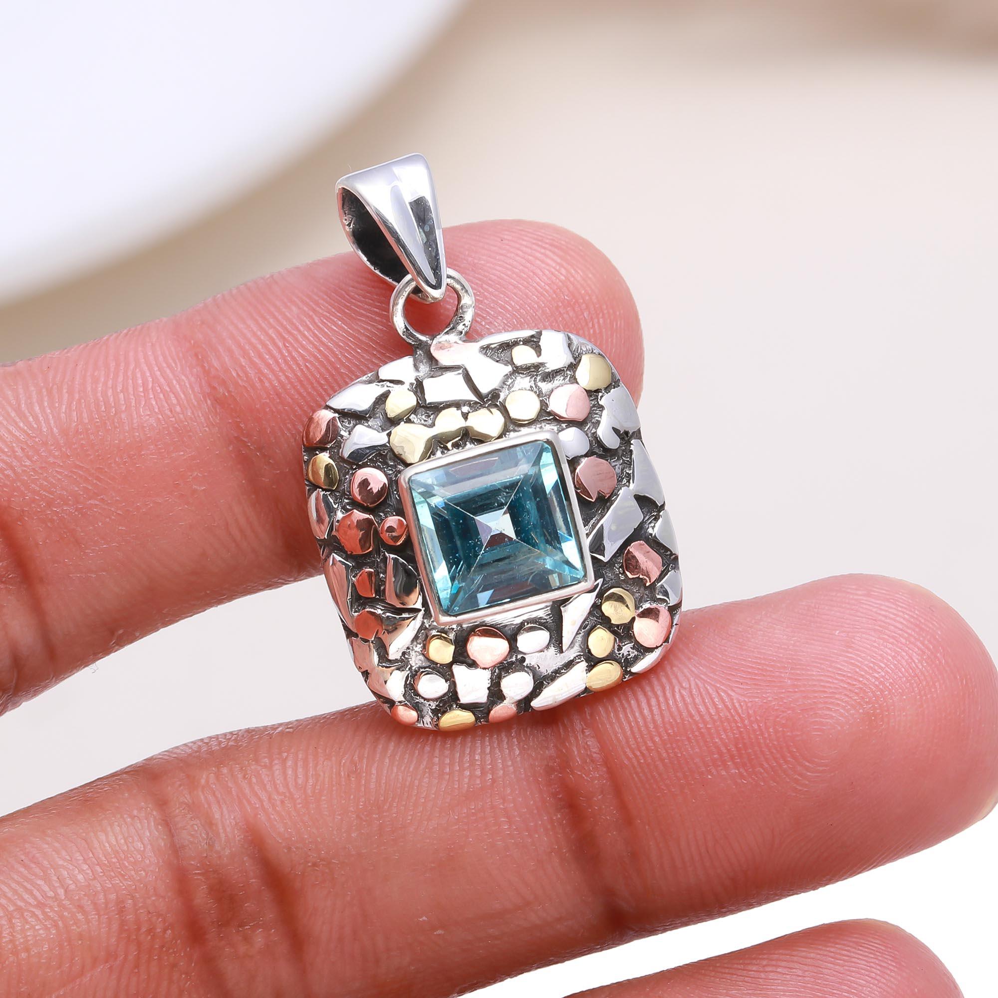 The Mosaic Square: Blue Topaz Mixed Metal Pendant