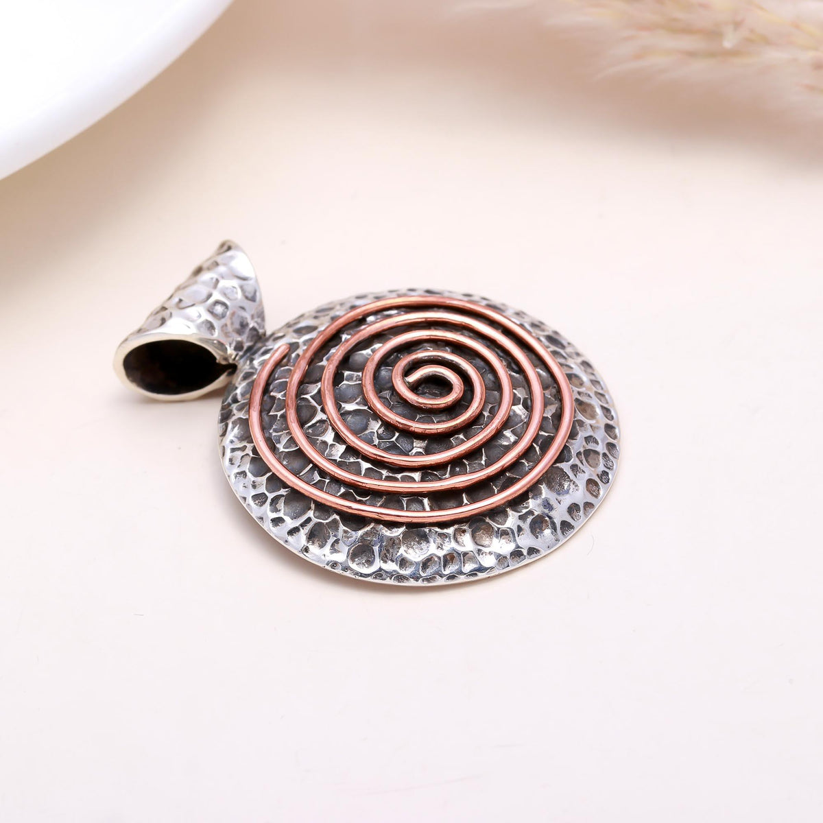 The Rustic Spiral : Hammered Two-Tone Medallion Pendant