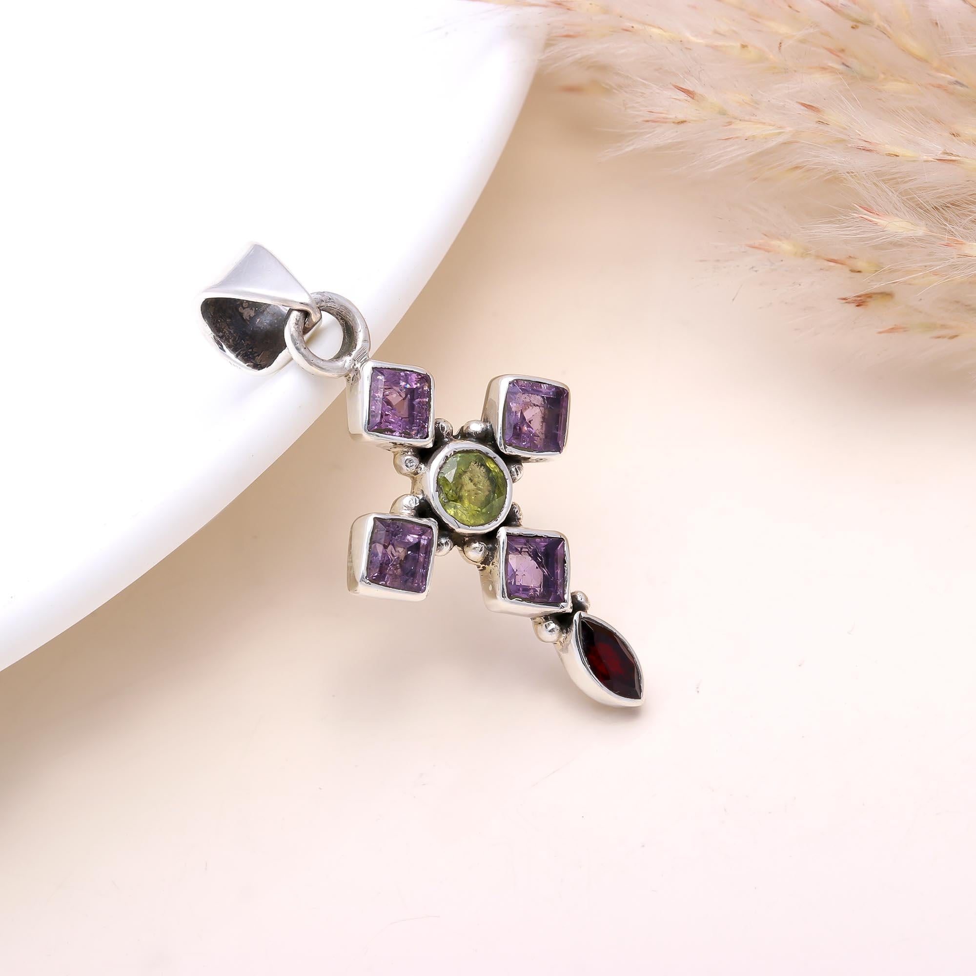 The Multi-Gem Cross: Amethyst, Peridot & Garnet Pendant