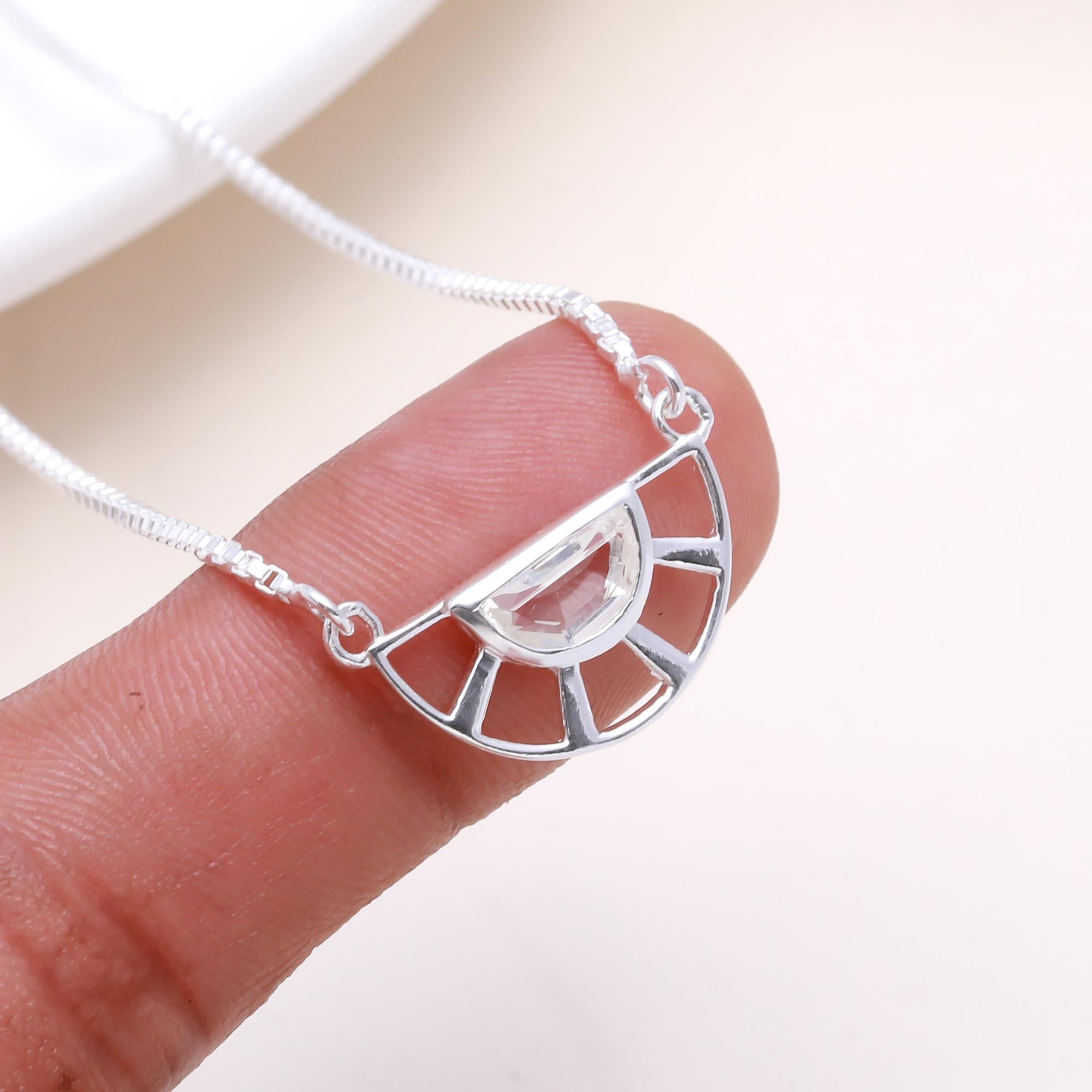 The Crystal Horizon: Geometric Fan Semi-Circle Necklace