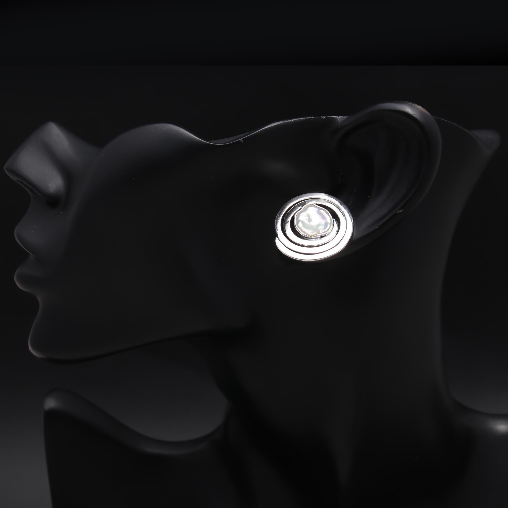 The Lunar Swirl: Pearl Silver Spiral Stud Earrings