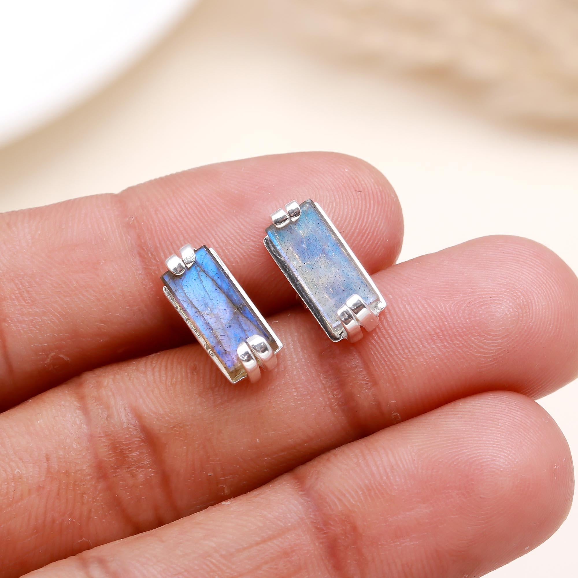 The Aurora Bar: Sterling Silver & Natural Labradorite Stud Earrings