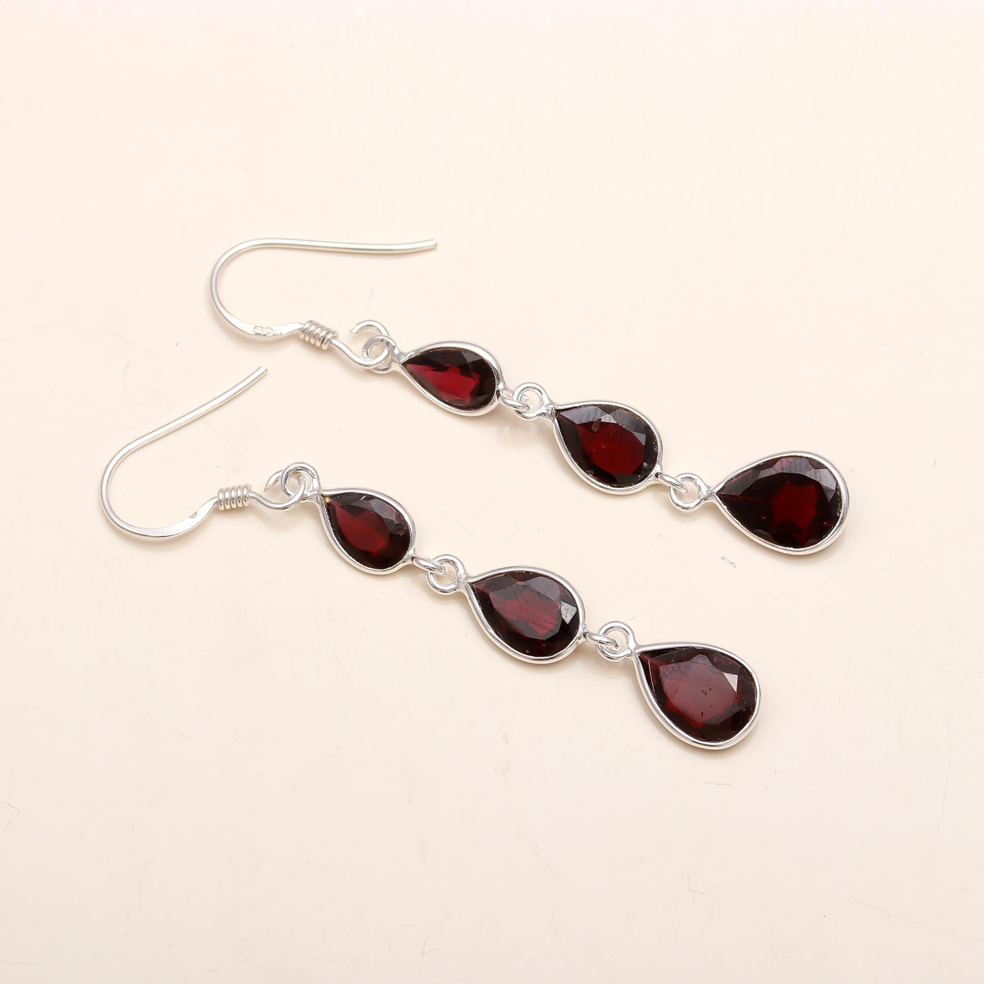 The Crimson Cascade: Garnet & Silver Triple Teardrop Earrings