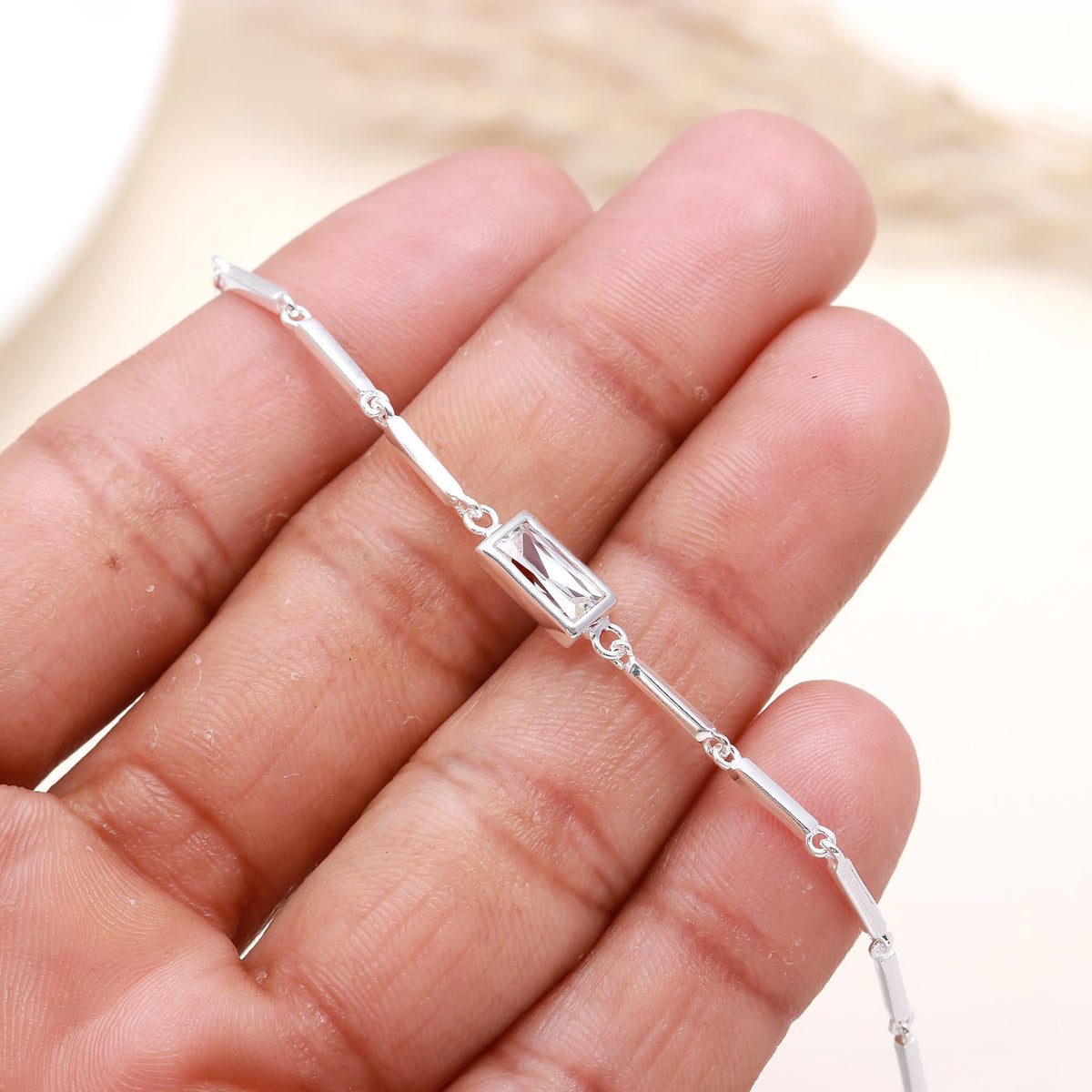 925 Sterling Silver Baguette Stone Bar Link Bracelet
