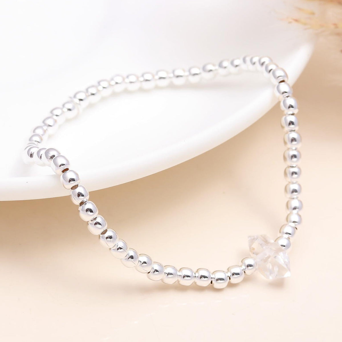 925 Sterling Silver Beaded Stretch Bracelet with Crystal Star