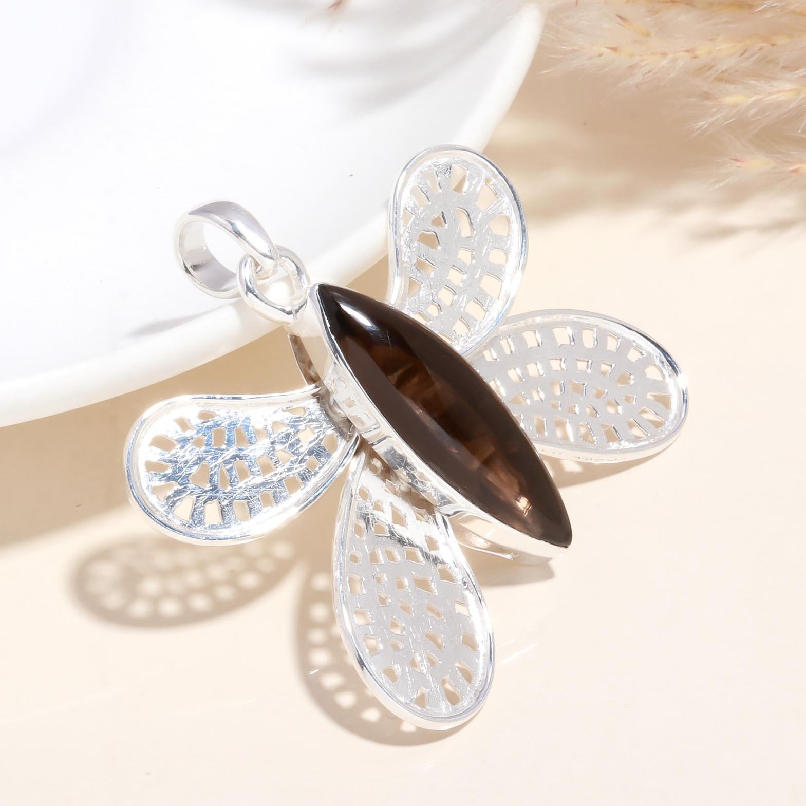 925 Sterling Silver Smoky Quartz Butterfly Pendant