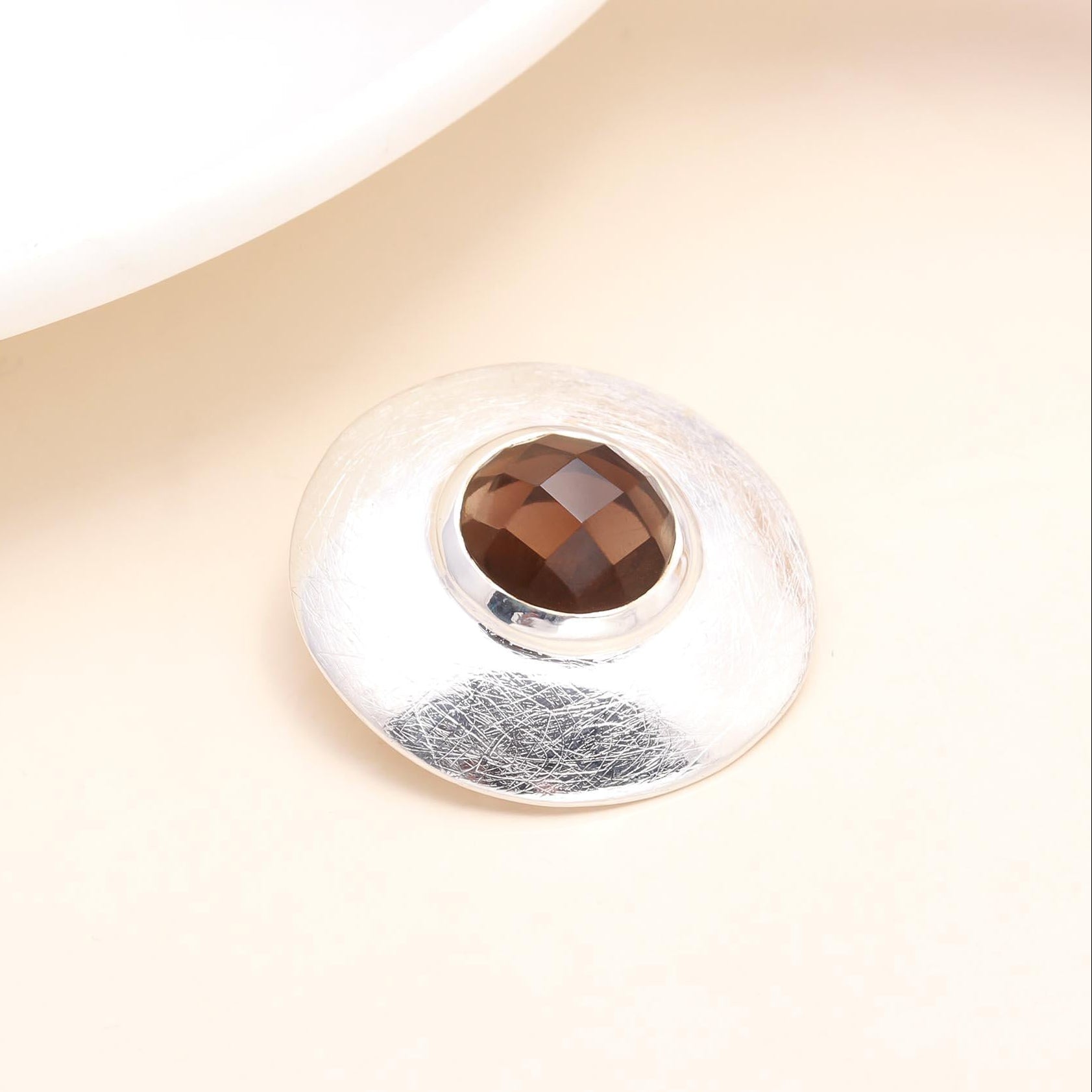 A 925 Sterling Silver Modern Smoky Quartz Disc Pendant with a polished finish, displayed against a light background.
