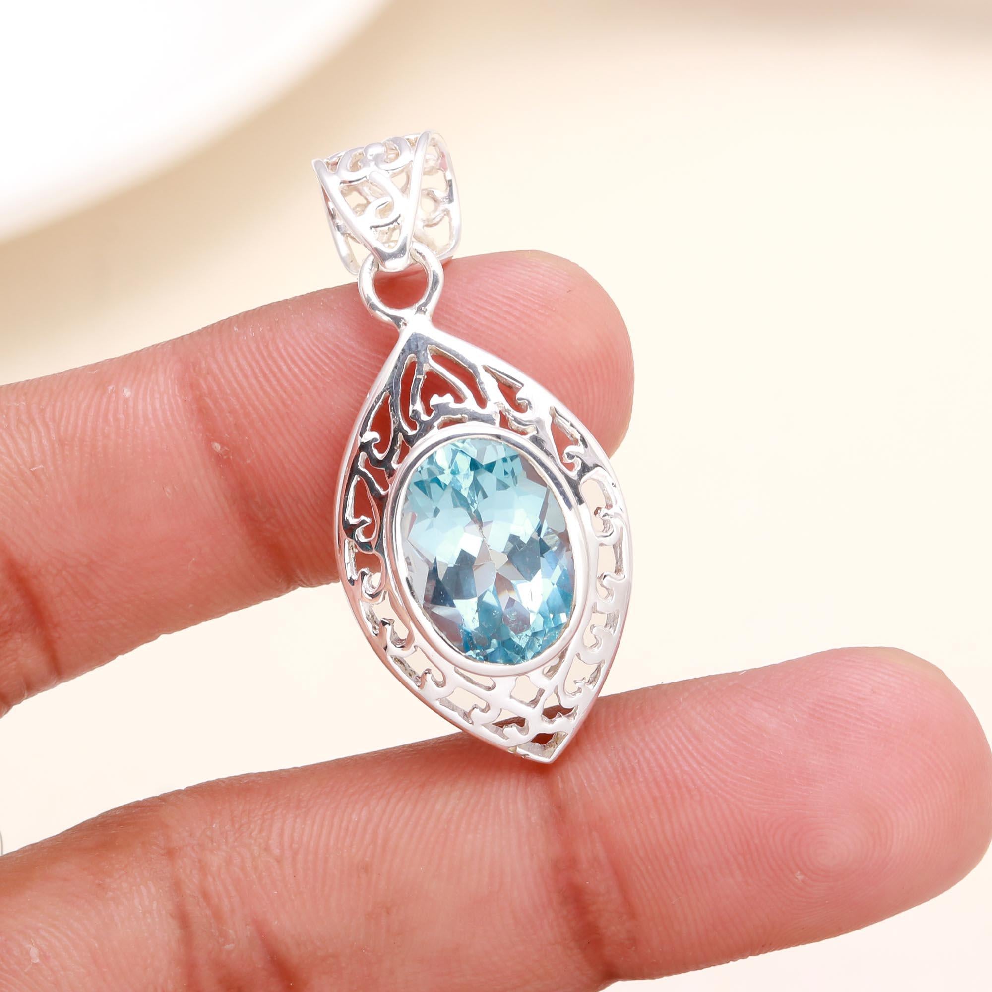 925 Sterling Silver Blue Topaz Filigree Pendant