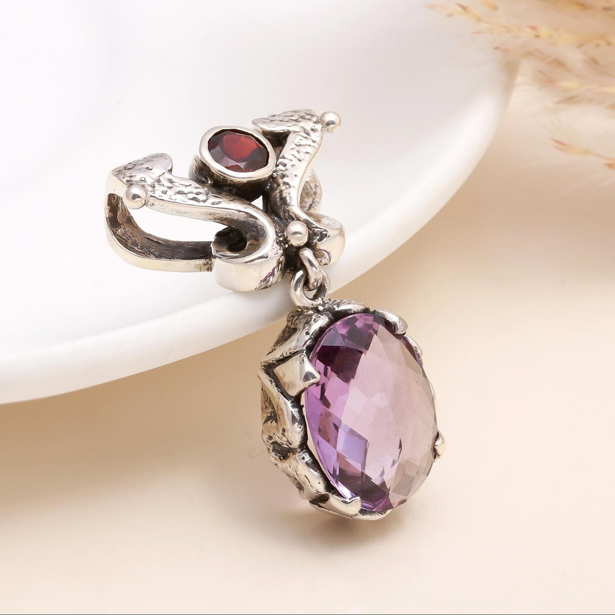 925 Sterling Silver Vintage-Inspired Amethyst & Garnet Pendant