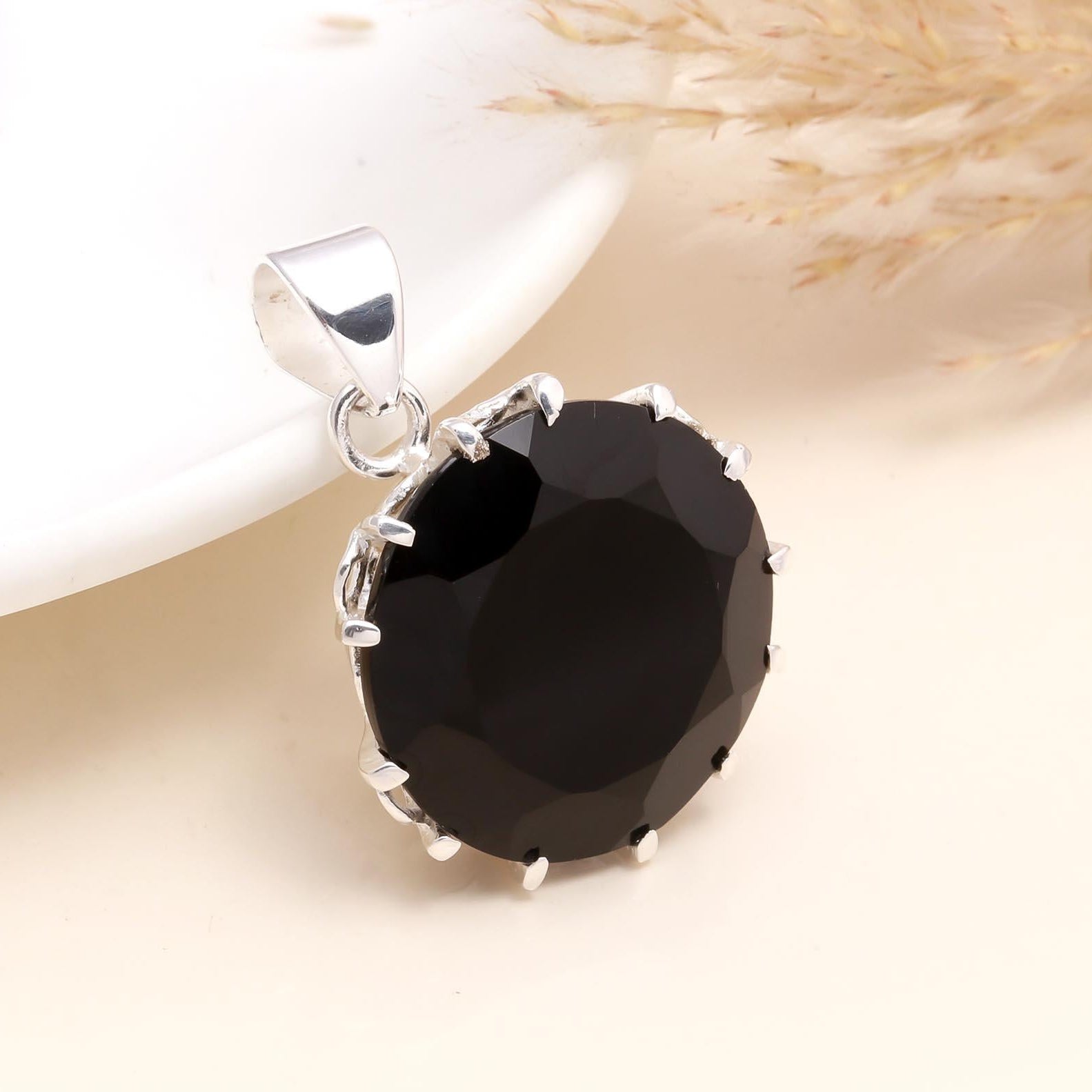 925 Sterling Silver Large Round Faceted Black Onyx Pendant