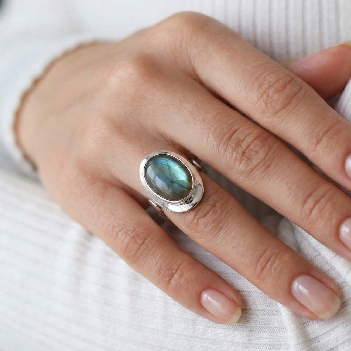 The Mystic Oval: Labradorite Cabochon Wide Band Ring