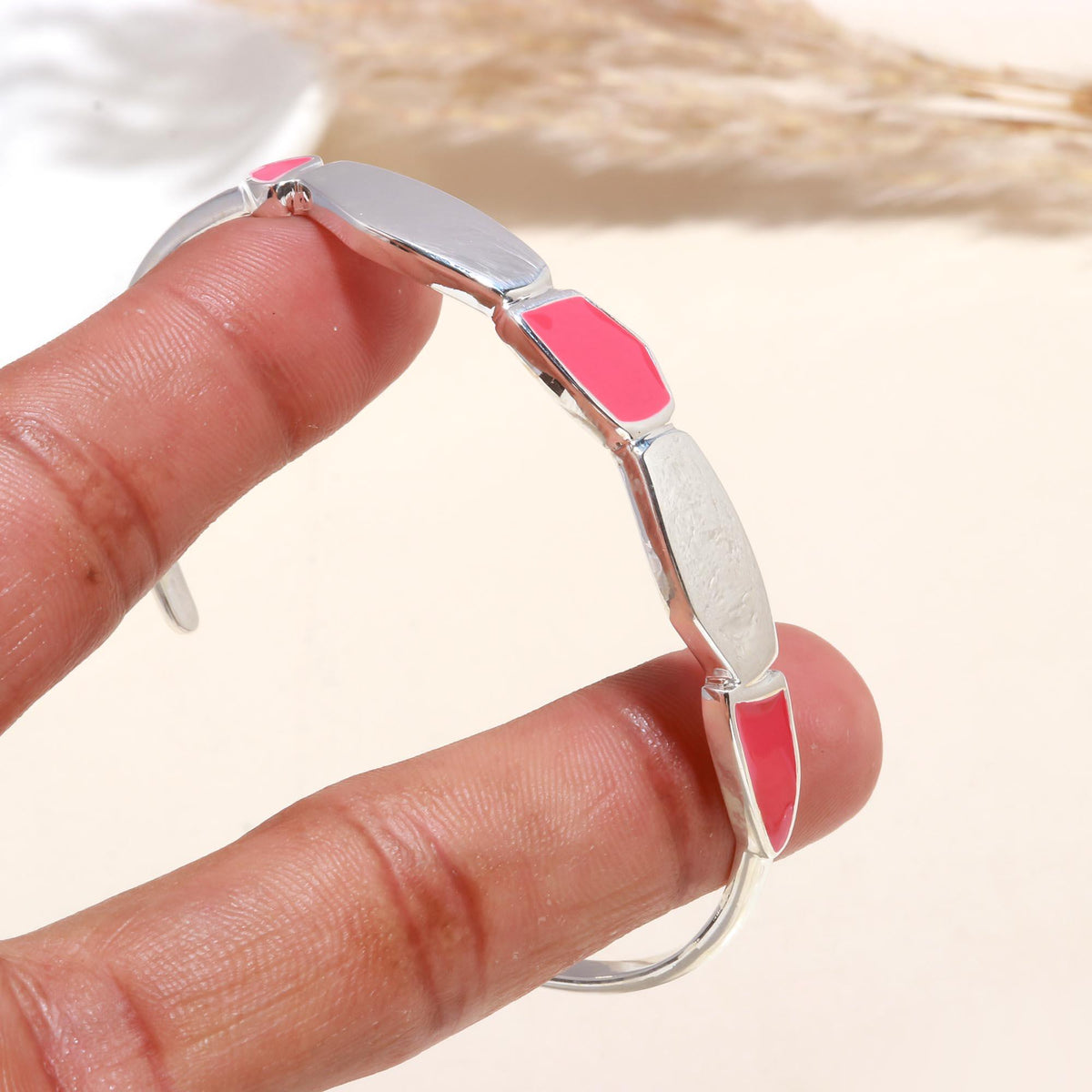 925 Sterling Silver Pink Enamel Cuff Bracelet