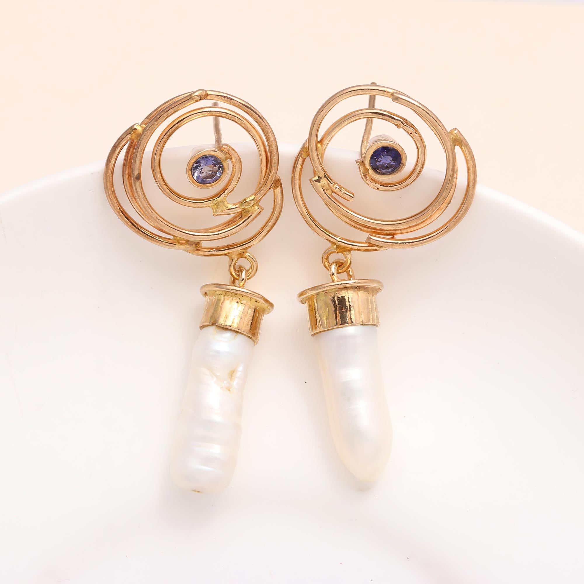 The Spiral Pearl: Biwa Pearl & Iolite Earrings