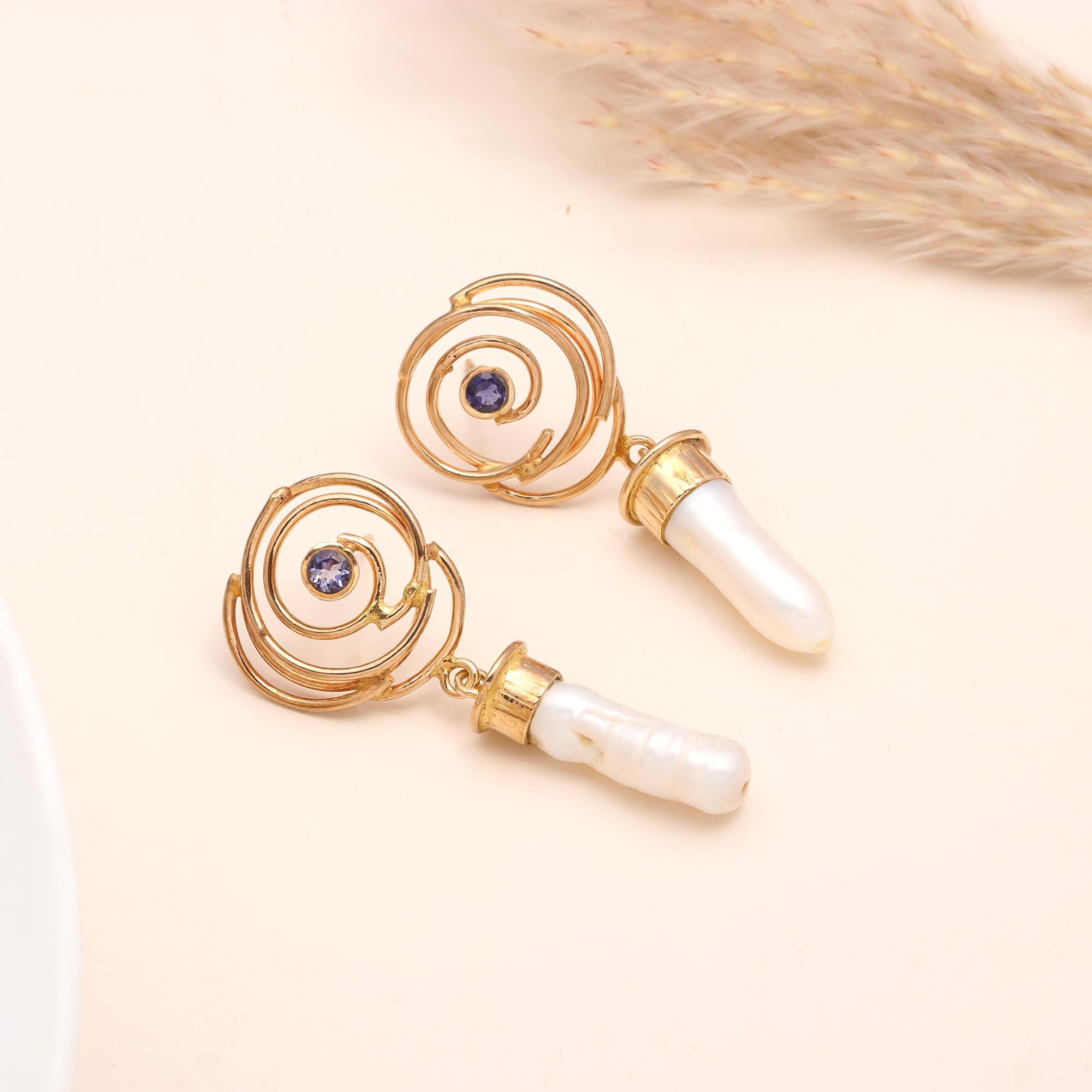 The Spiral Pearl: Biwa Pearl & Iolite Earrings