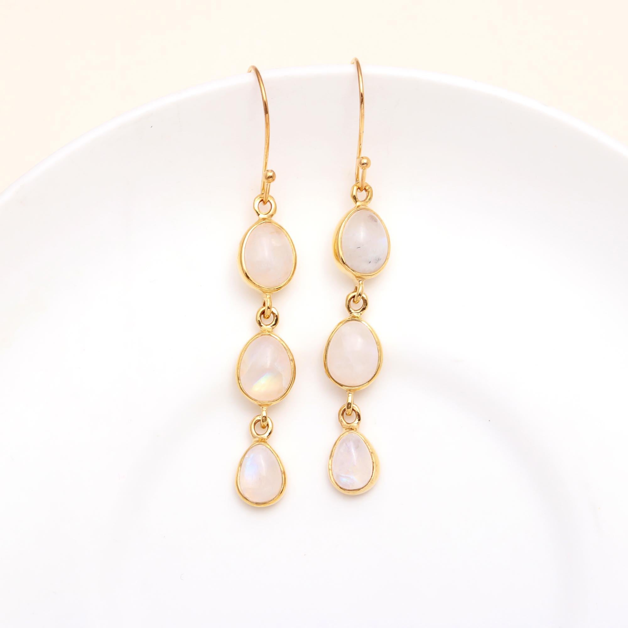 The Moonstone Cascade: Triple Linear Drop Earrings