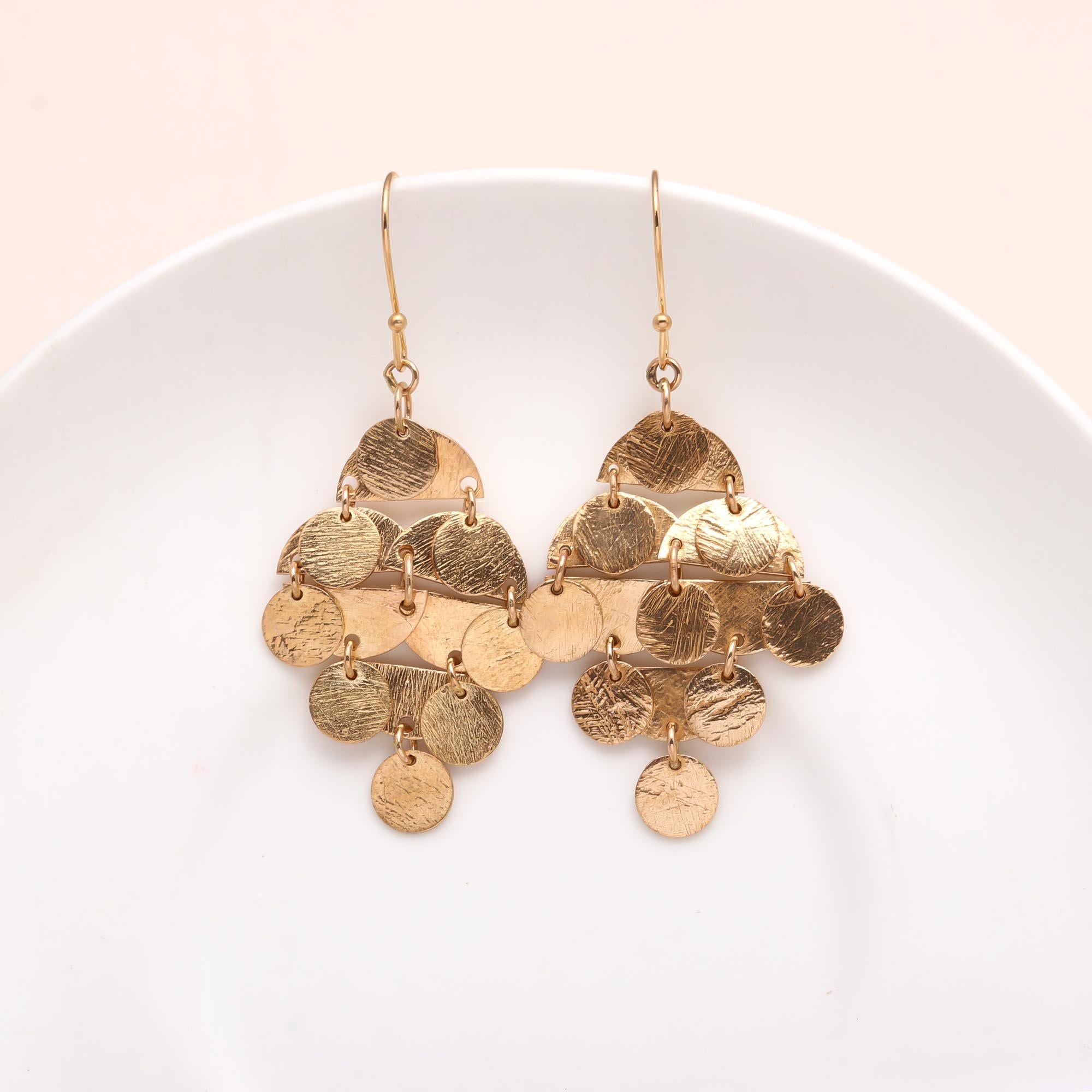 The Golden Cascade: Textured Disc Chandelier Earrings