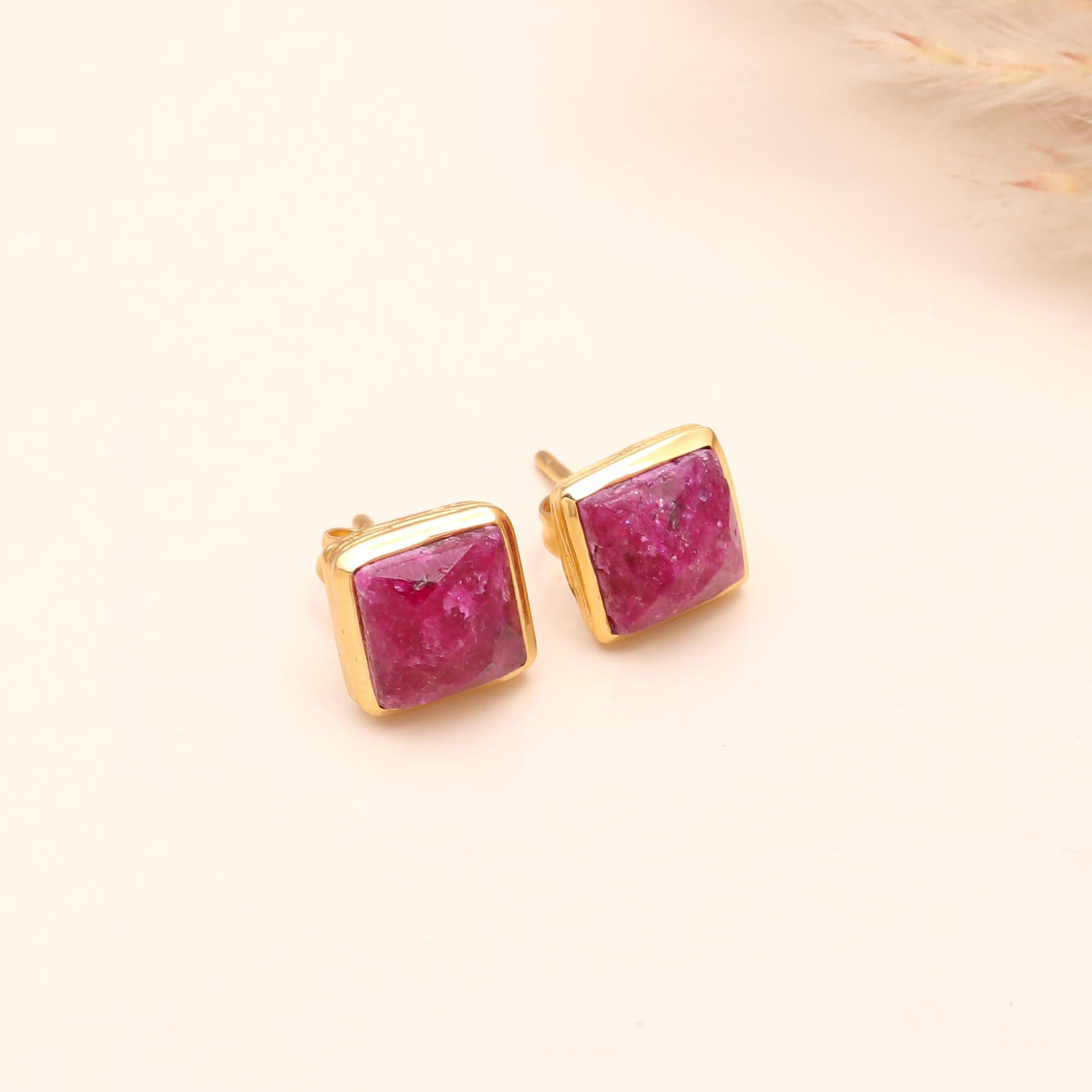 The Raw Ruby: Geometric Square Stud Earrings